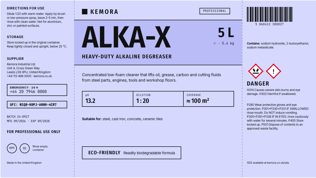 Sample ALKA-X degreaser drum label
