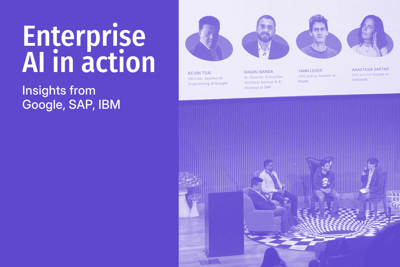 Purple graphic with speaker portraits above a panel discussion on a stage