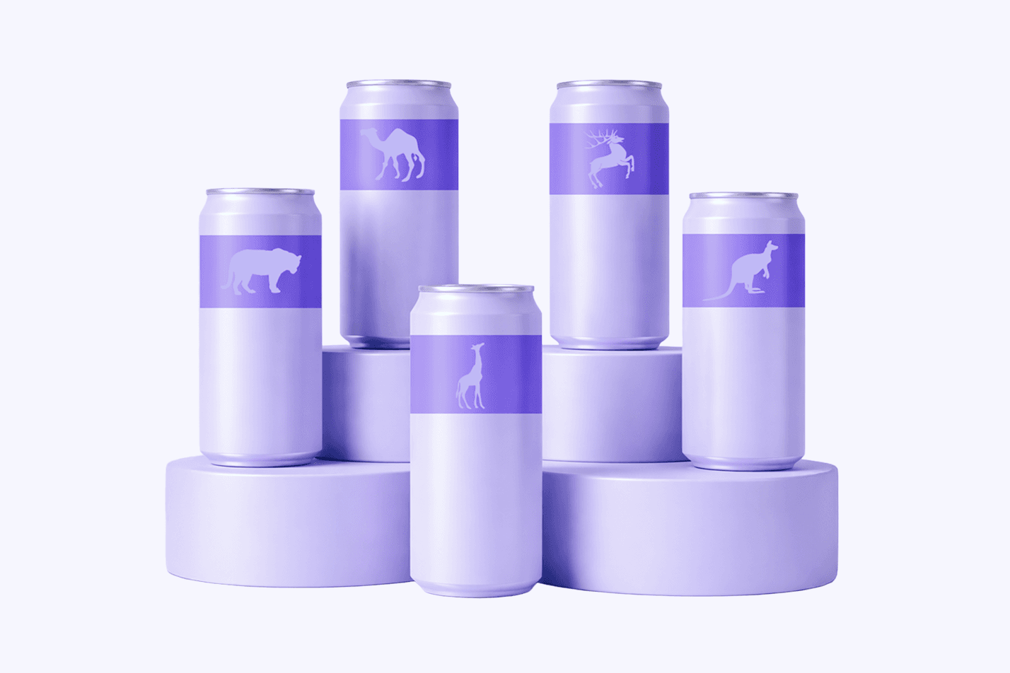Lavender cans on podiums, each with a silhouette of an animal