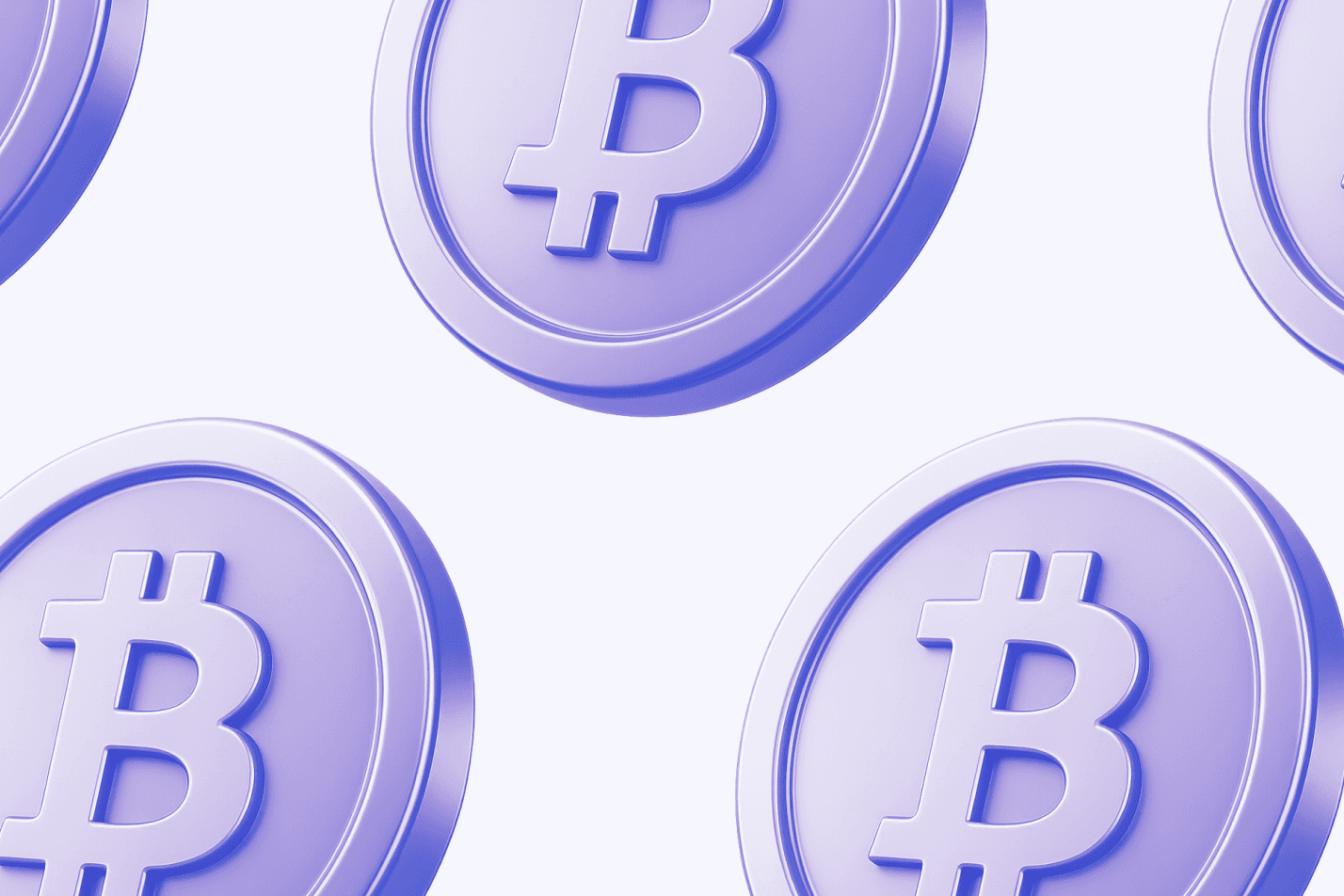 Lilac 3D Bitcoin coins on a pale background