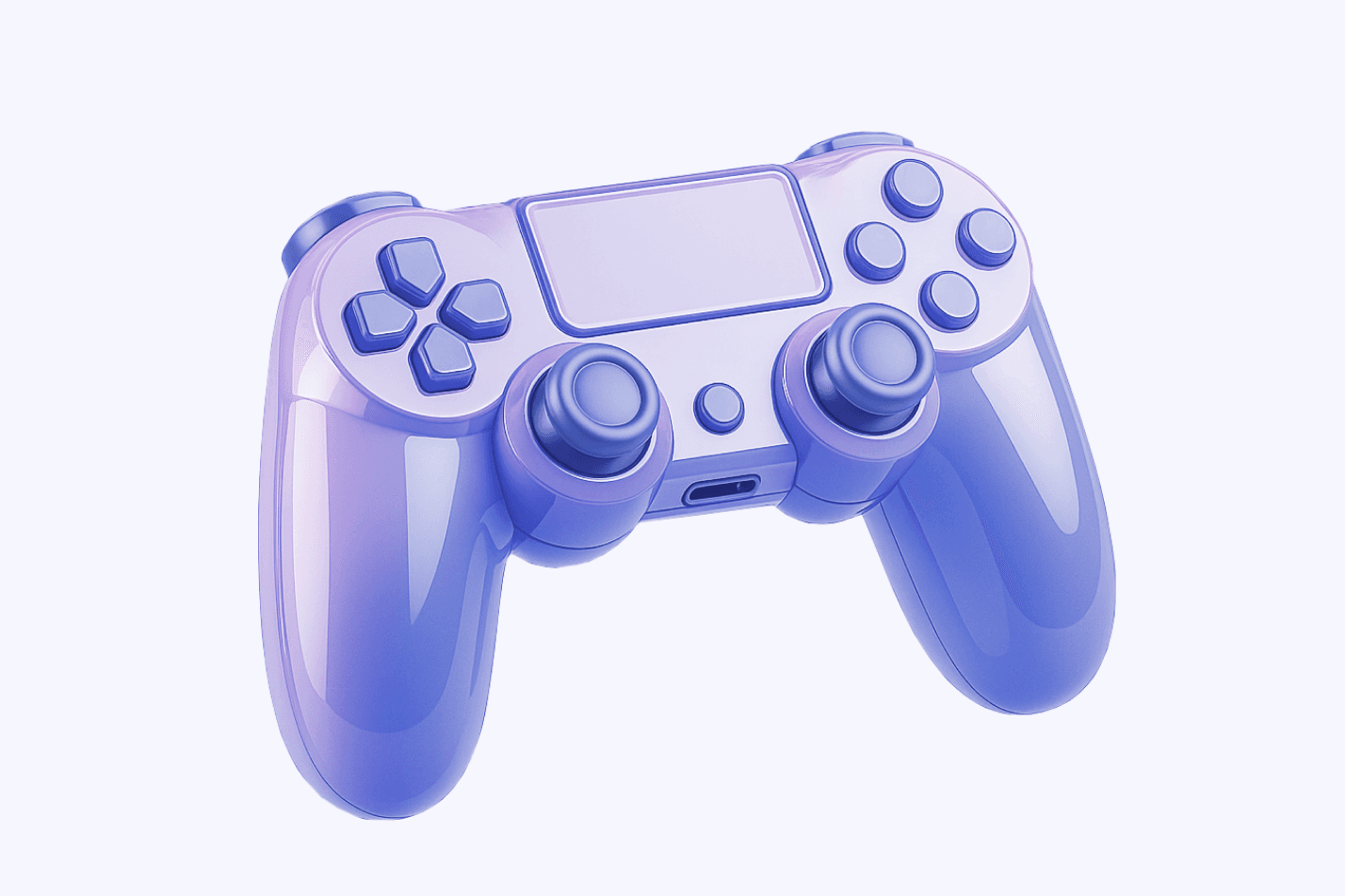 Purple and blue video game controller on a pale background