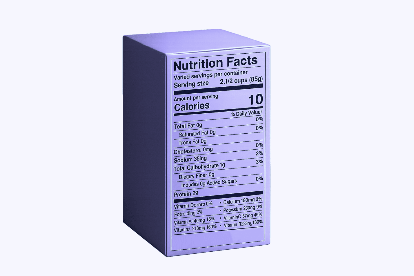 Lavender package with a Nutrition Facts panel showing calories and daily values