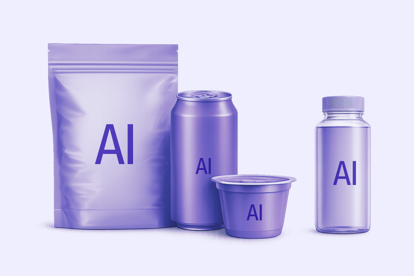 Lavender pouch, can, cup and bottle, each labelled AI