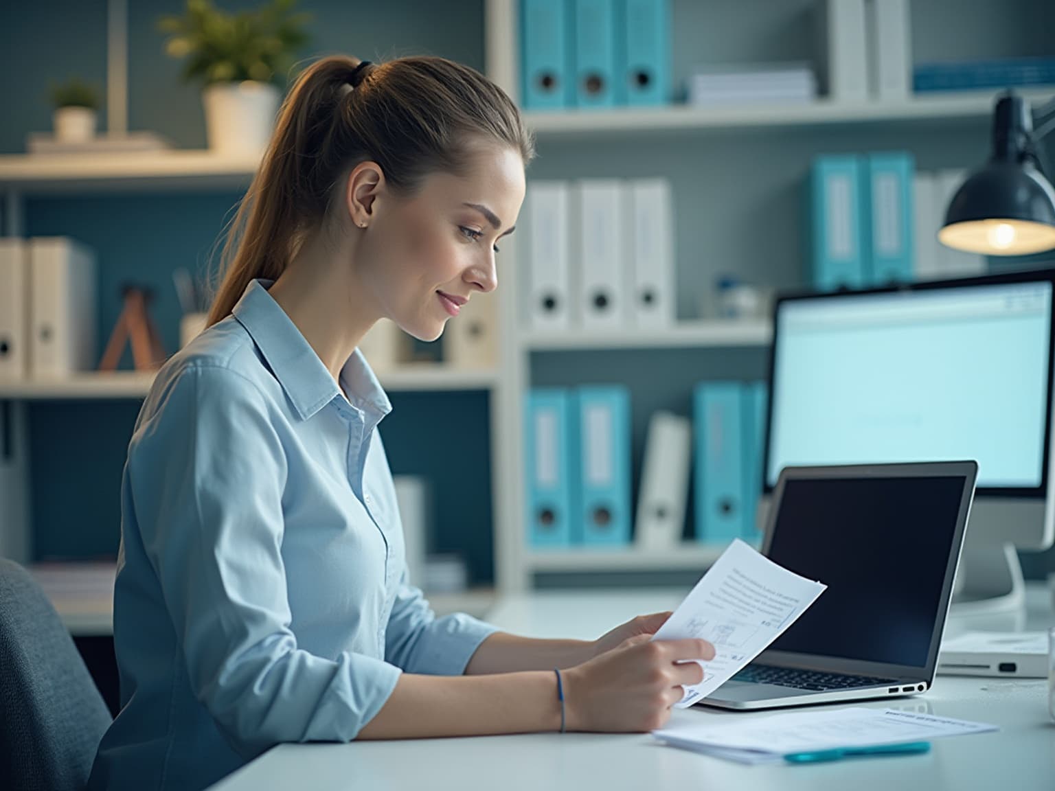 Smiling woman reviewing a document at a desk, with binders and a laptop beside her