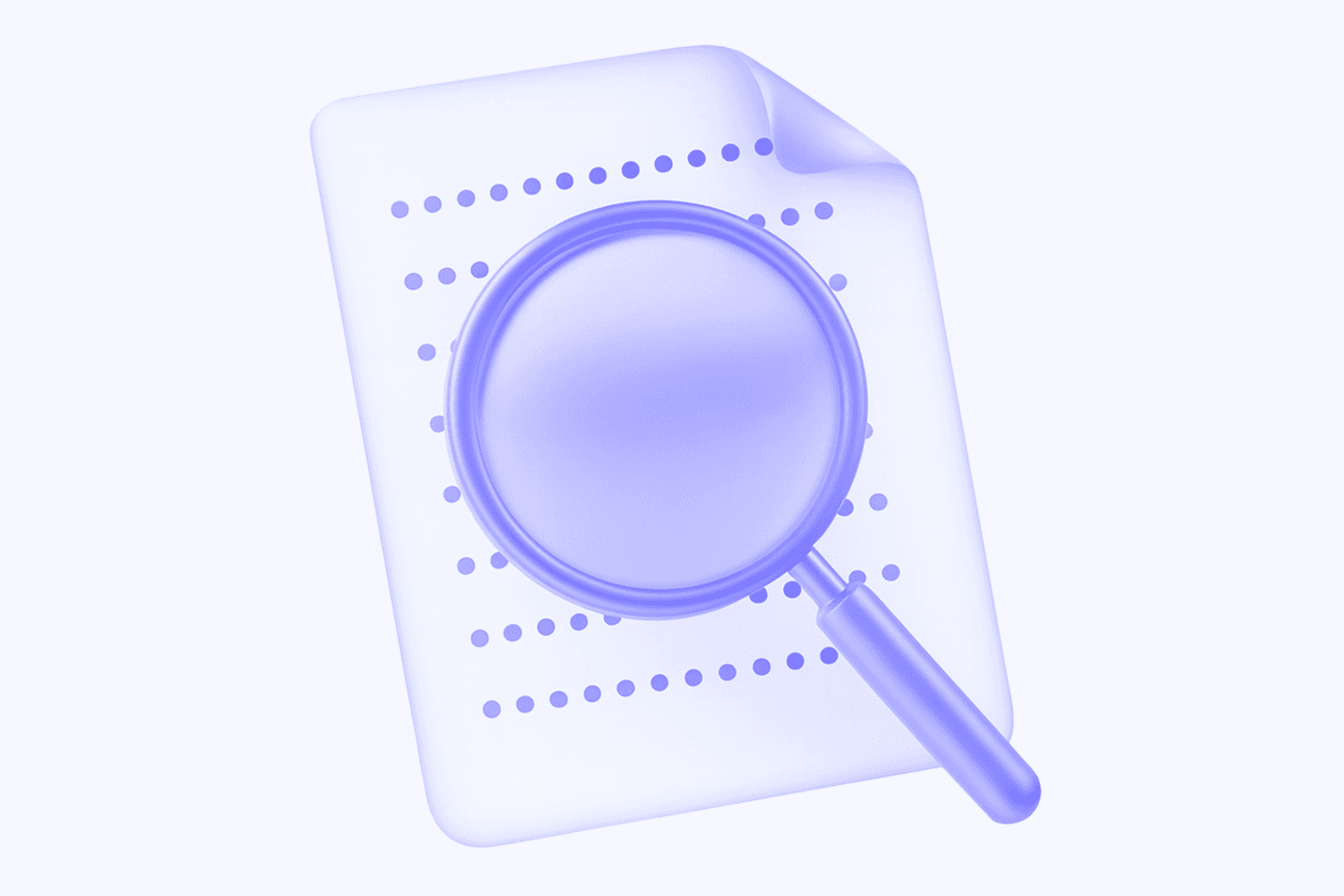 Purple magnifying glass resting on a translucent document with dotted lines