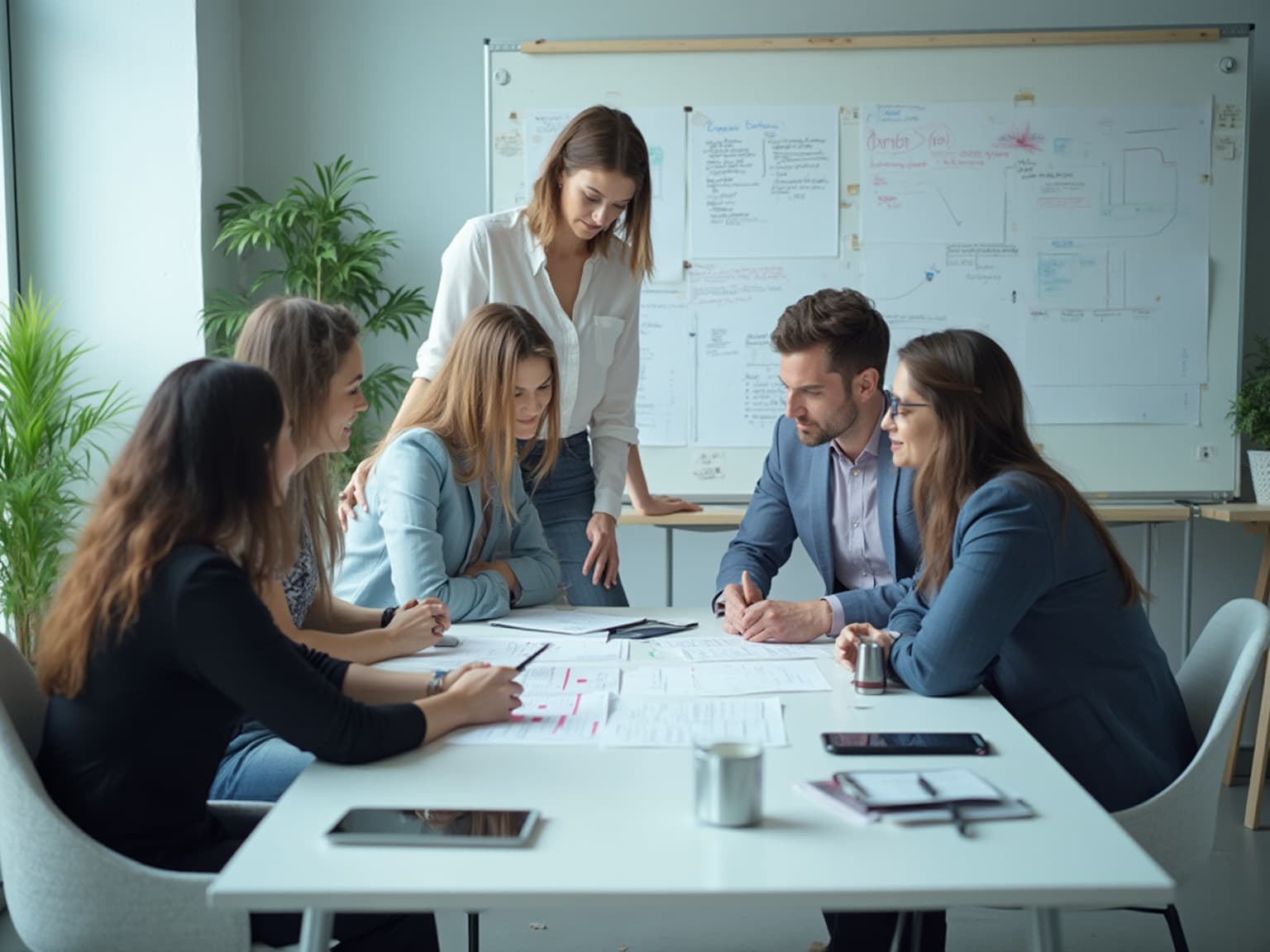 Team around a table of sketches and sticky notes, with a whiteboard of notes behind them