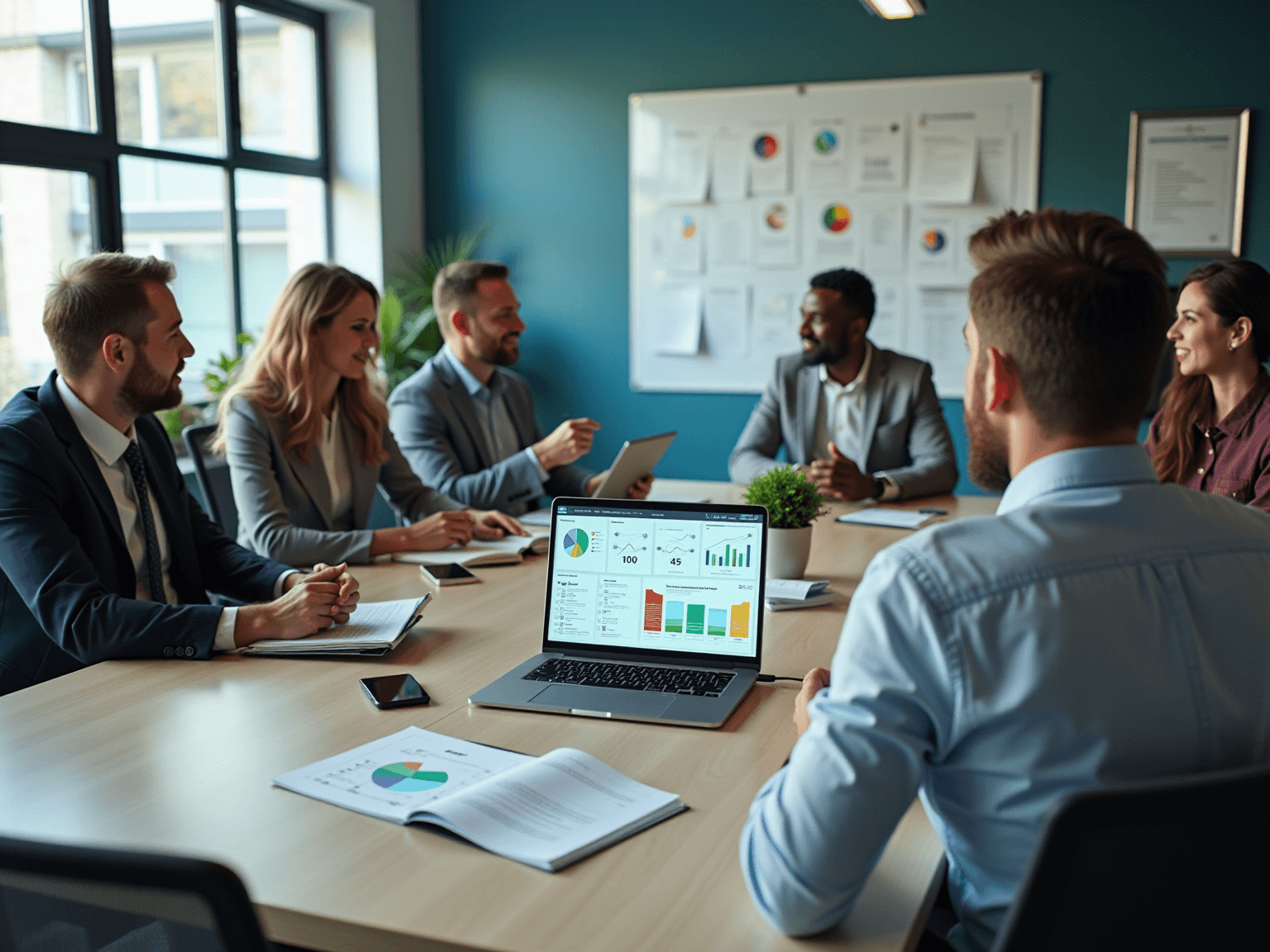 Team in a meeting room reviewing a laptop with bar and pie charts on a shared table