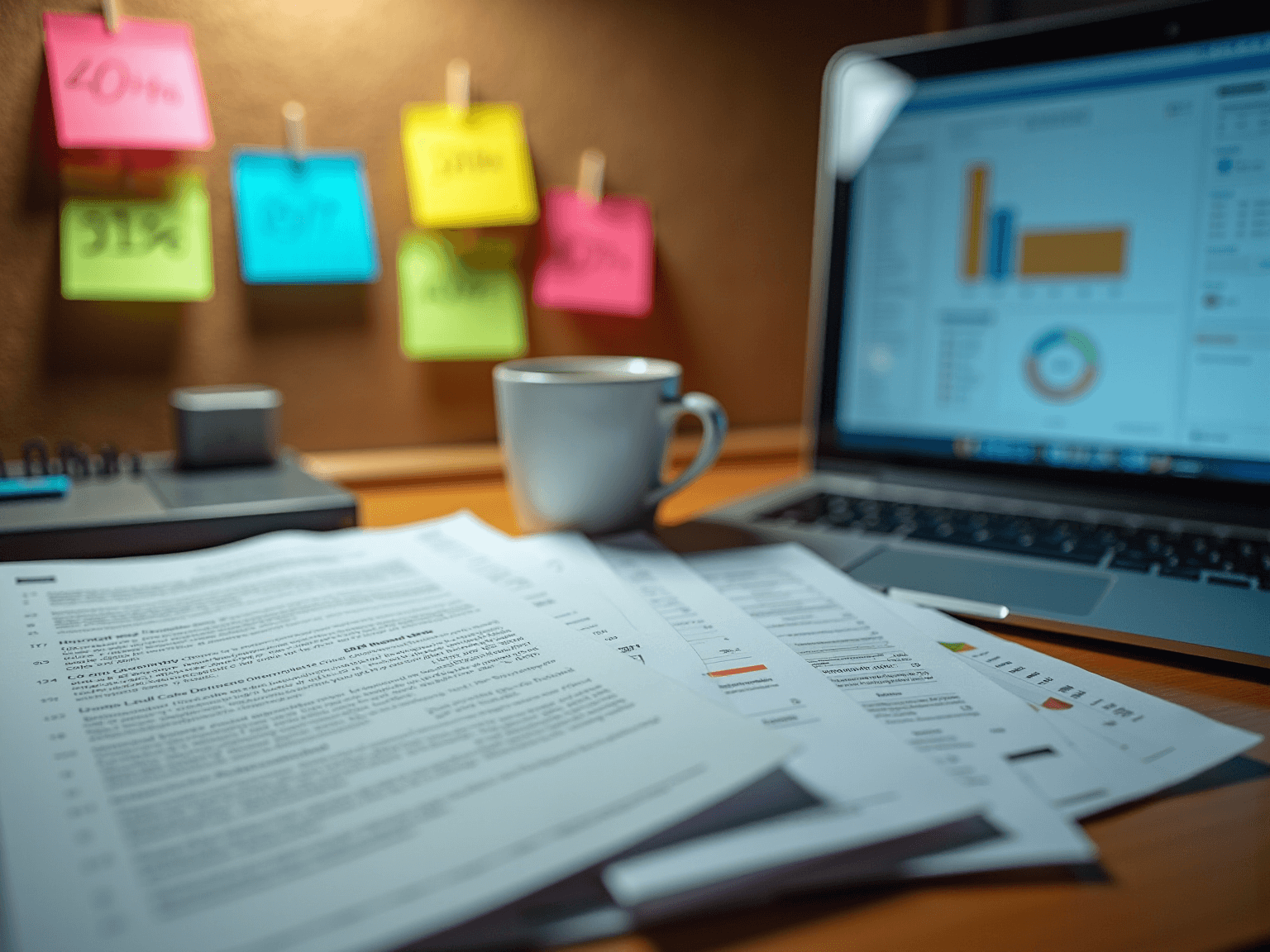 Colorful sticky notes with percentages on a corkboard above papers and a laptop