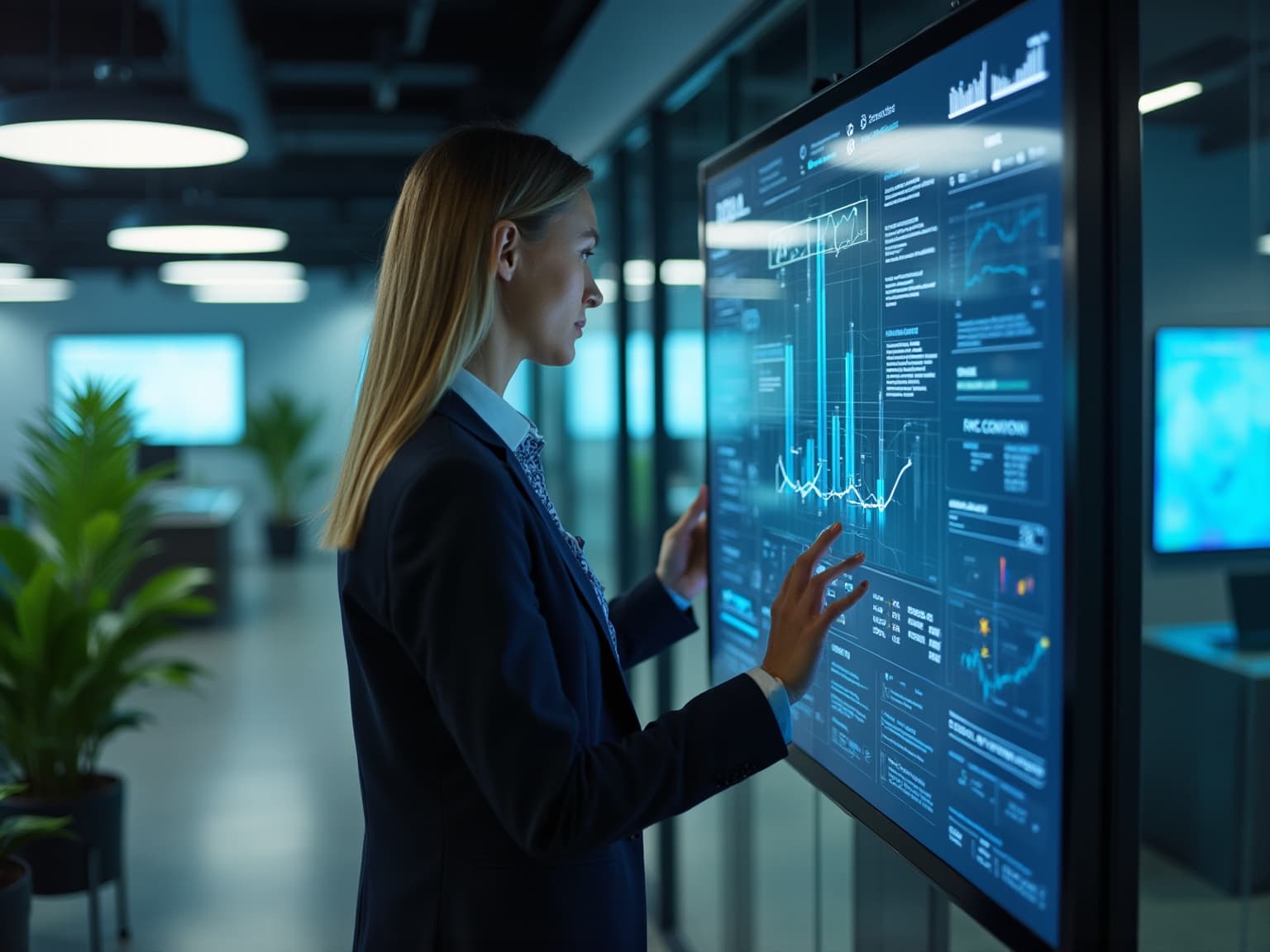 Professional woman touching a wall-mounted screen with data charts in a modern office