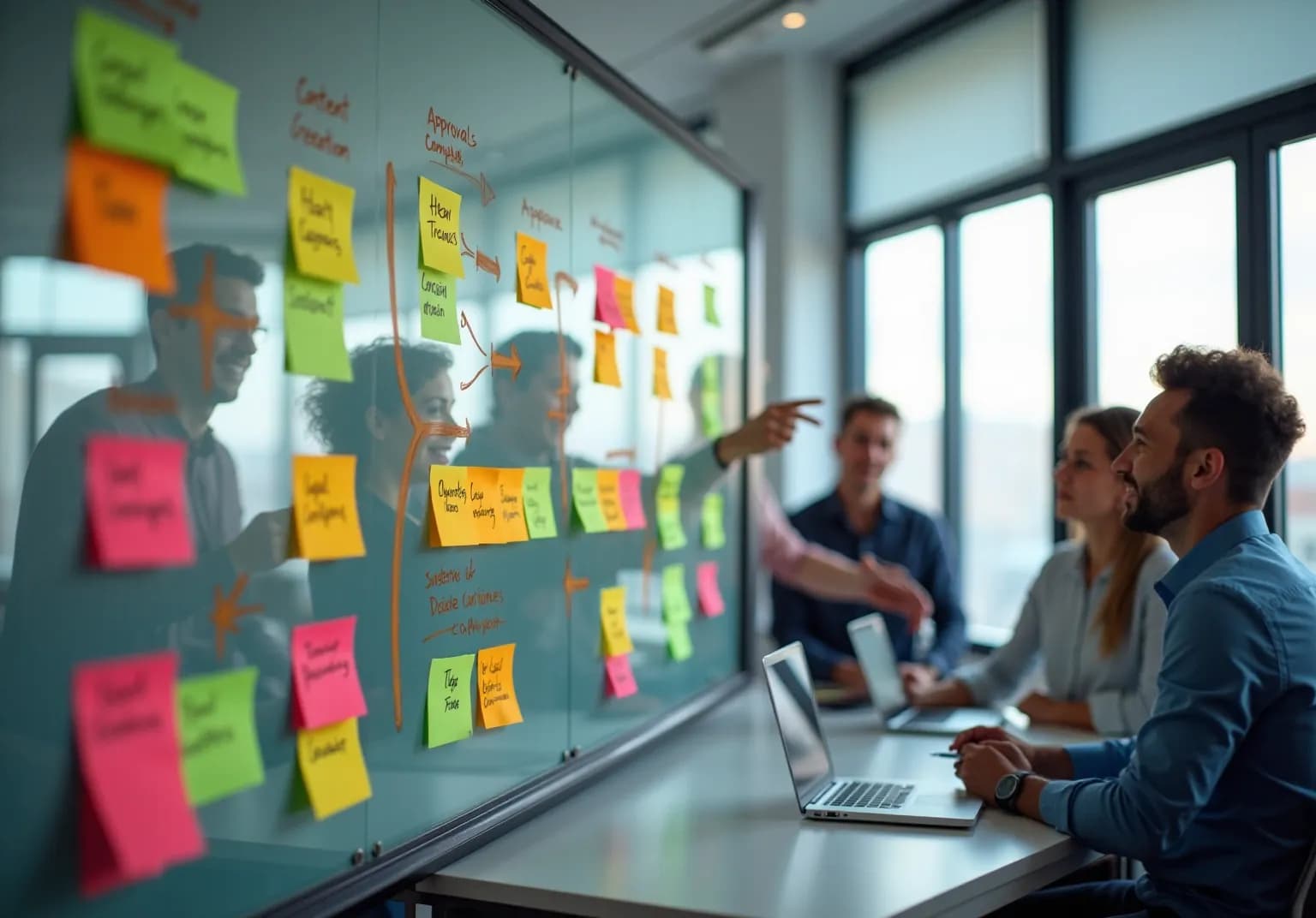 Team beside a glass wall of colored sticky notes and sketched flow lines