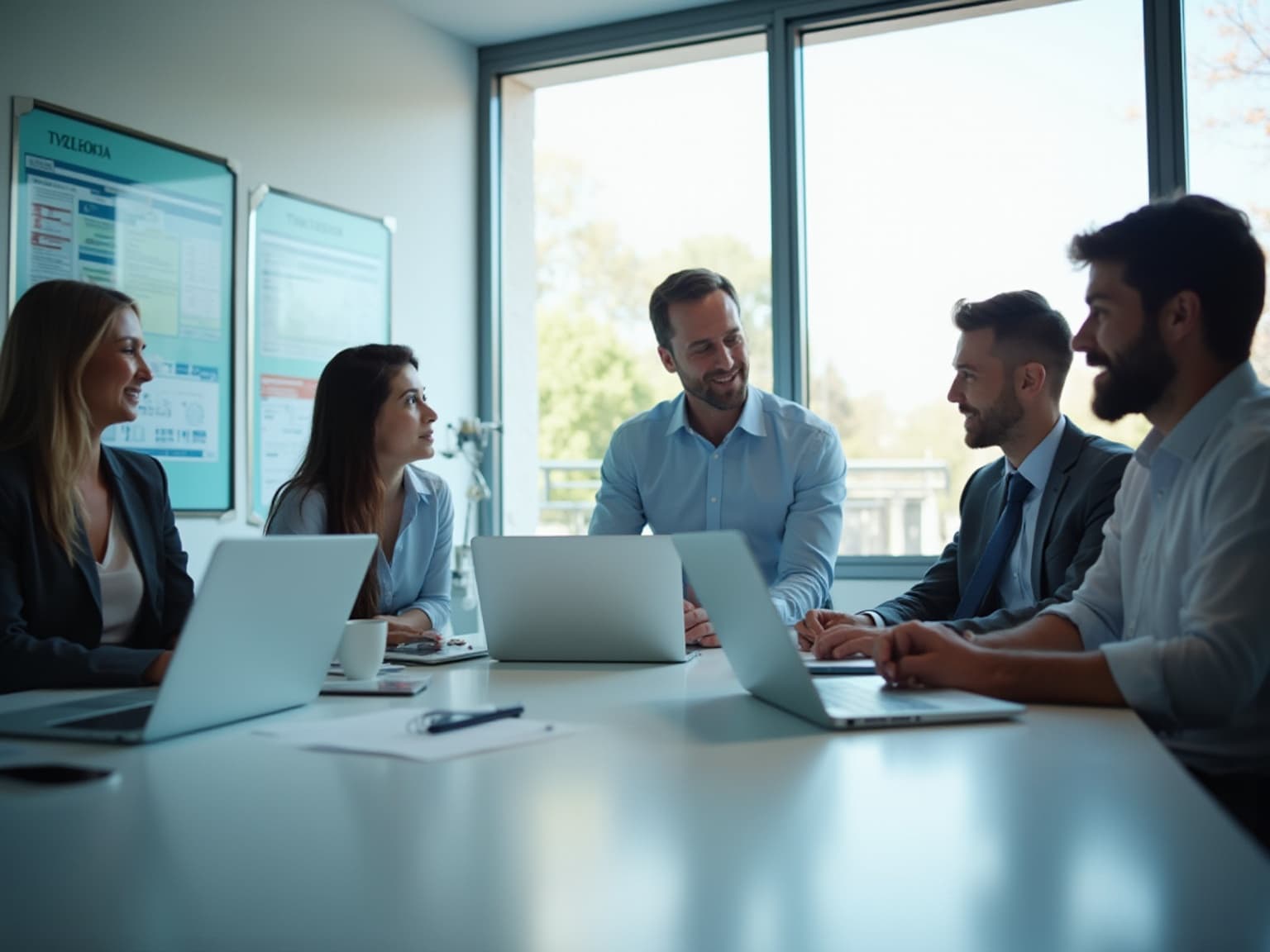 Team in a meeting room with laptops, a wall chart and a potted plant
