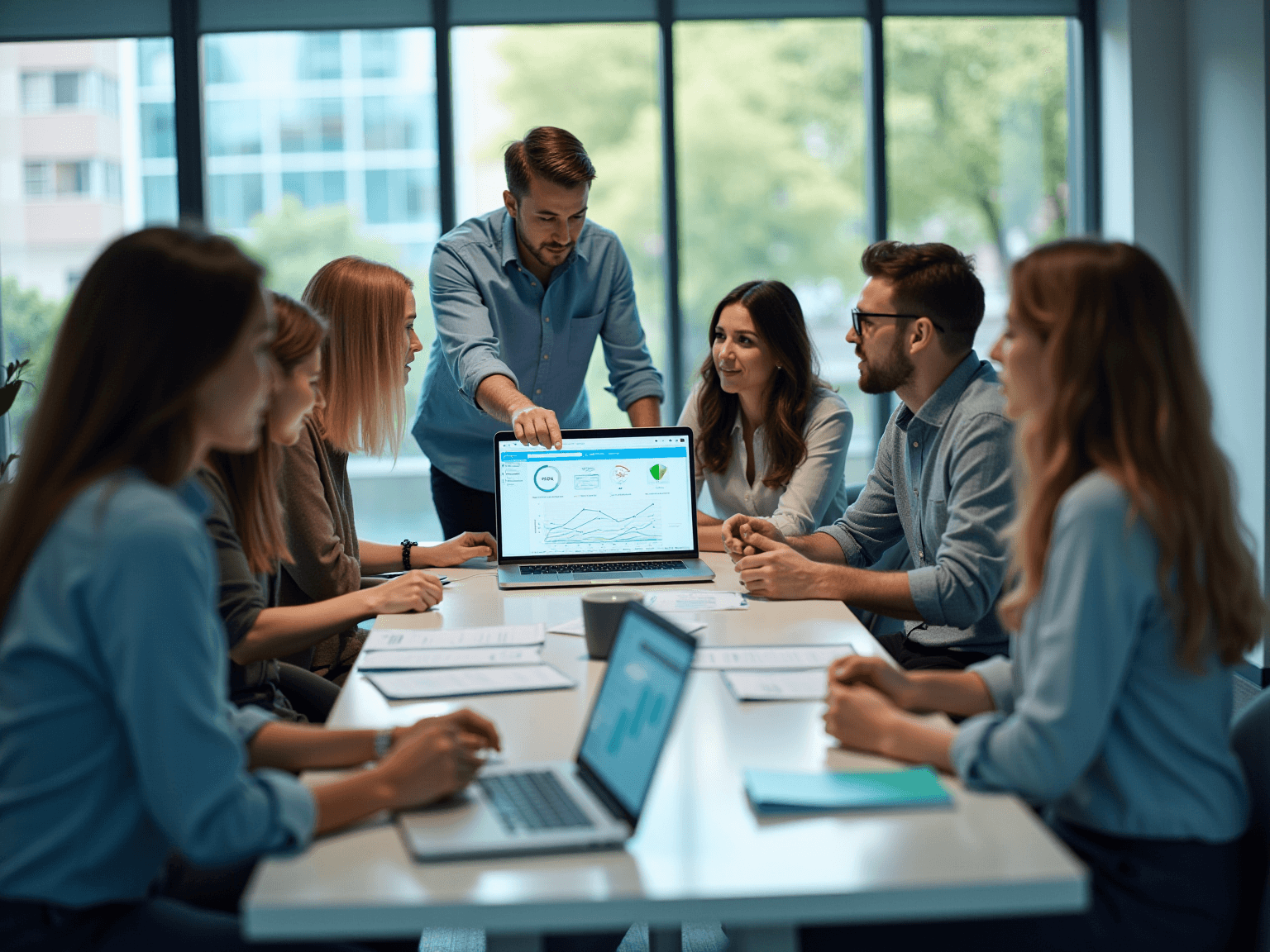 Team gathered at a conference table while a colleague points to a laptop showing a dashboard