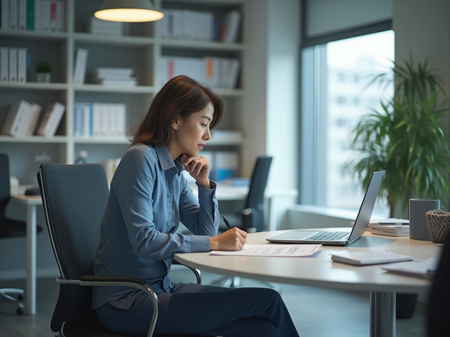 Woman at a desk with a pen and document, a laptop and notebook beside her