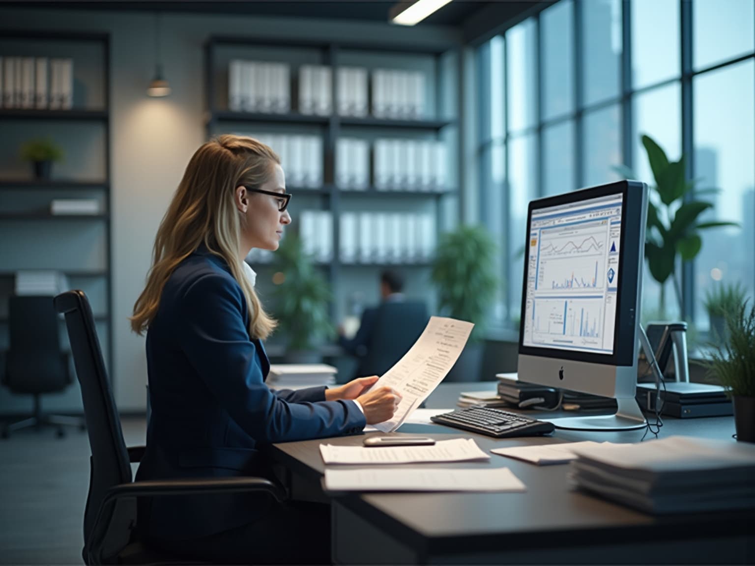 Woman in a navy blazer reading a document at a desk beside a monitor showing charts