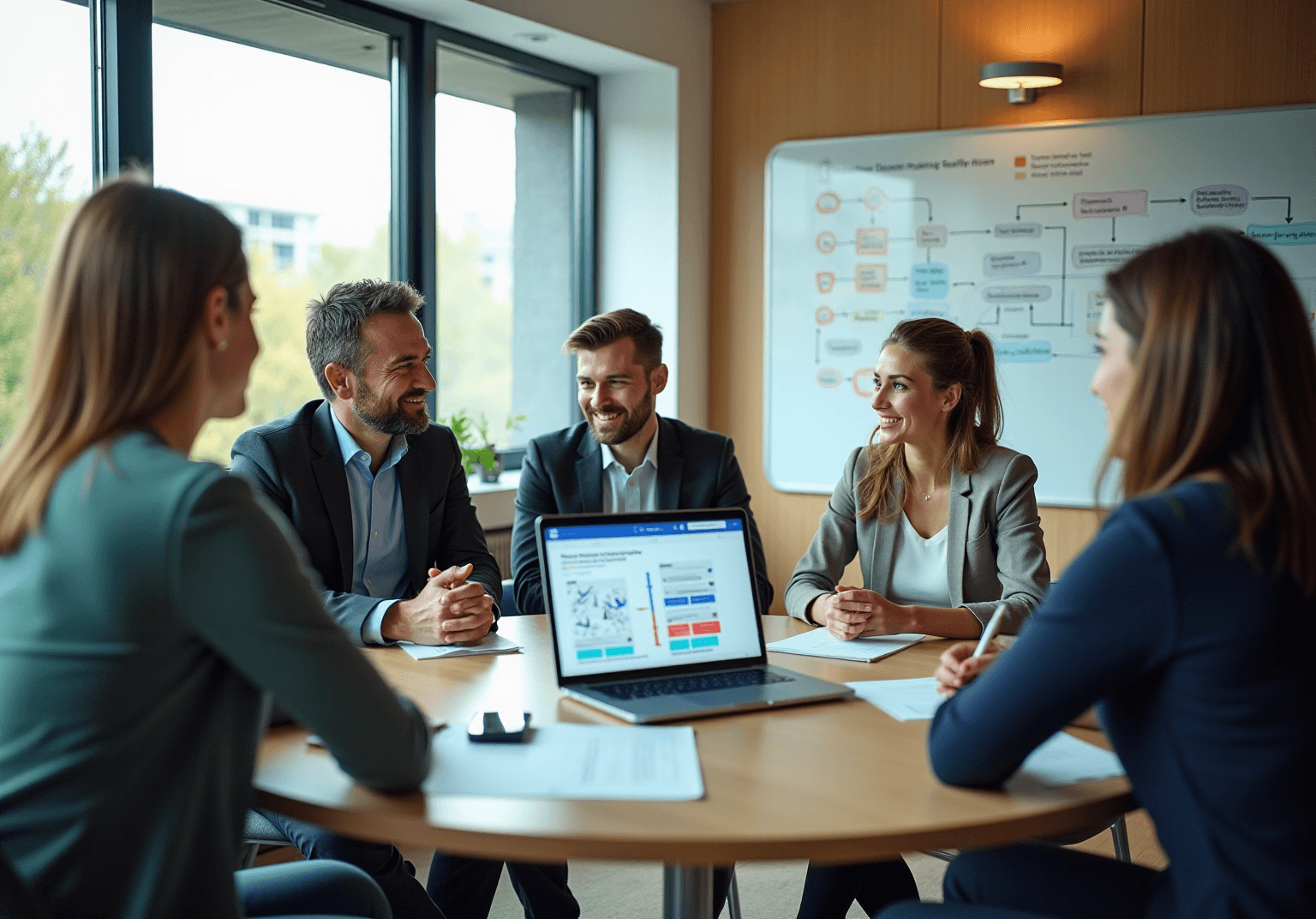 Team meeting at a table with a whiteboard of process diagrams and a laptop
