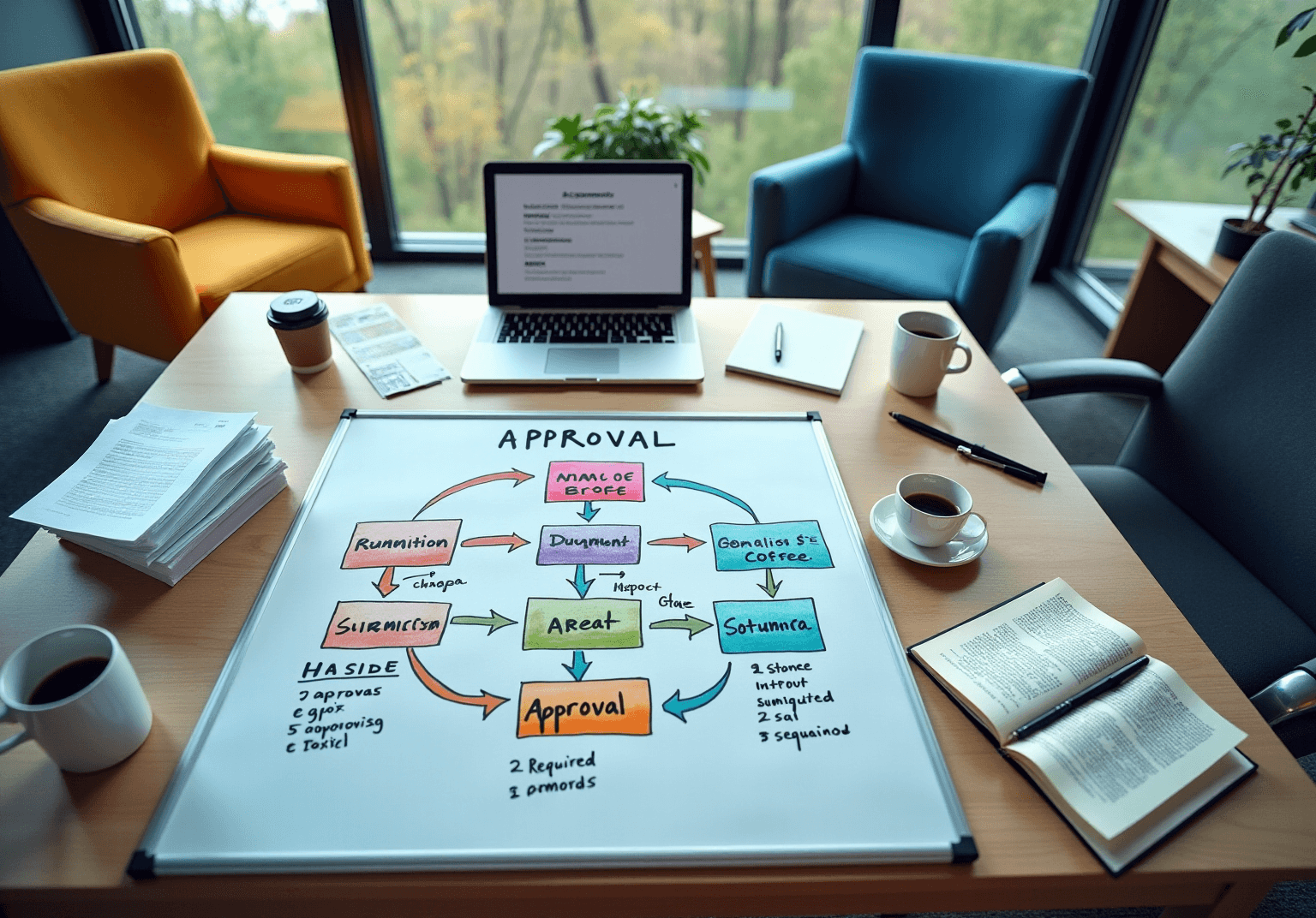 Whiteboard flowchart titled Approval on a desk with a laptop, coffee and a notebook
