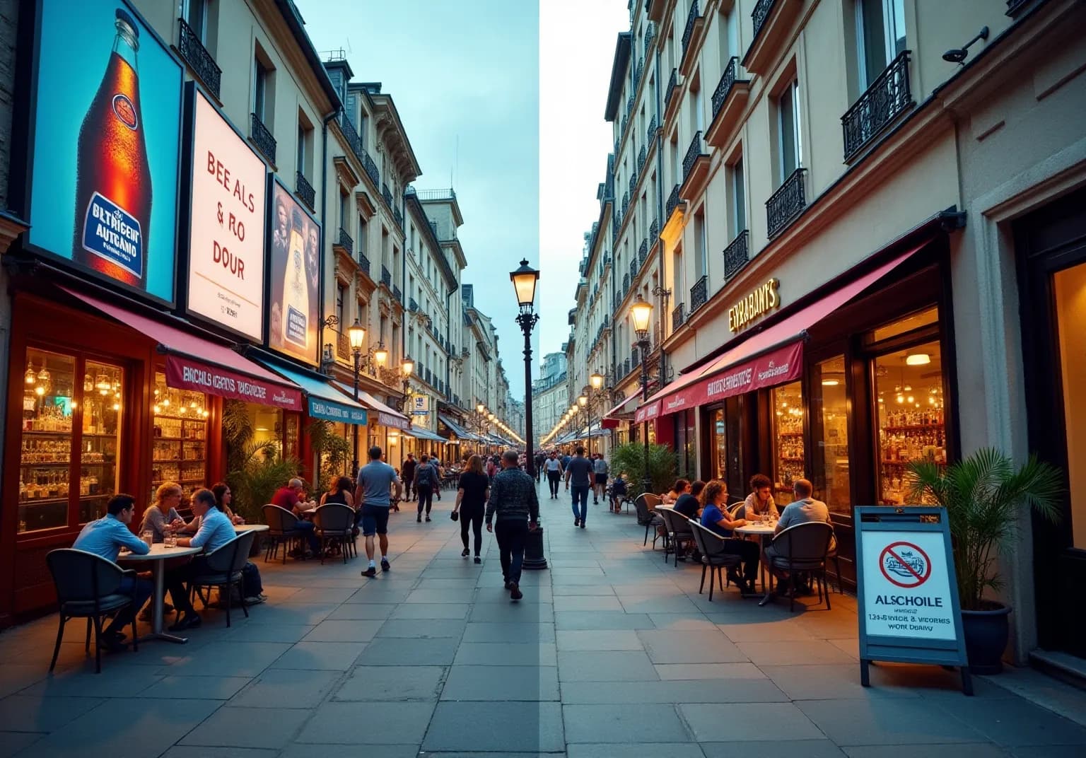 Split view of a city street, one side with alcohol ads and the other with a no-alcohol sign