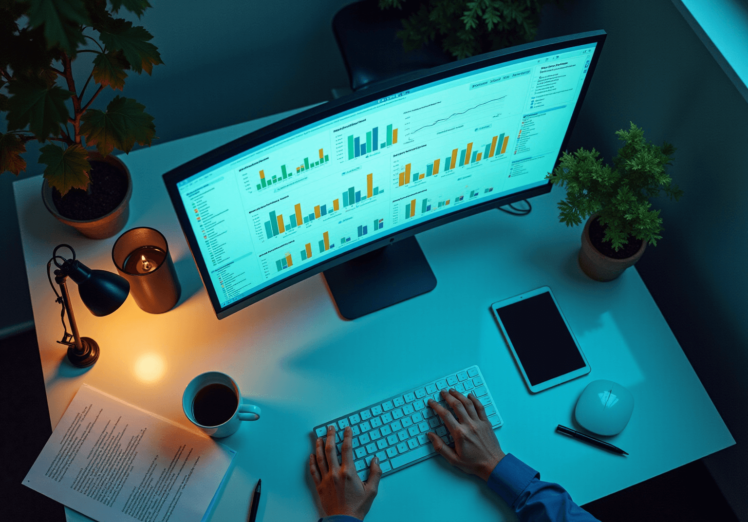 Dark desk with a curved monitor showing bar charts, a lamp, a coffee cup and hands on a keyboard