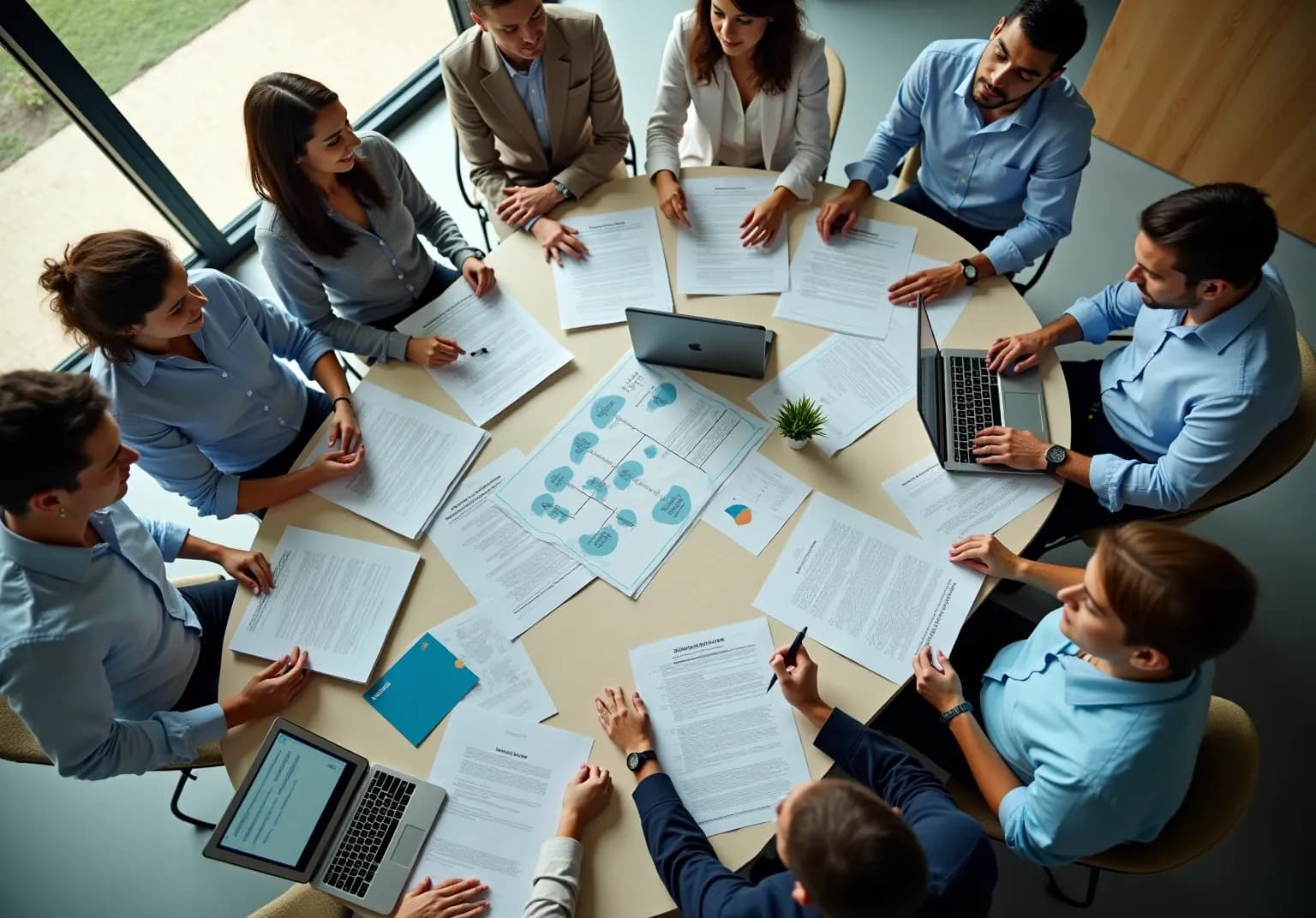 Overhead view of a team around a table with printed documents and a flowchart