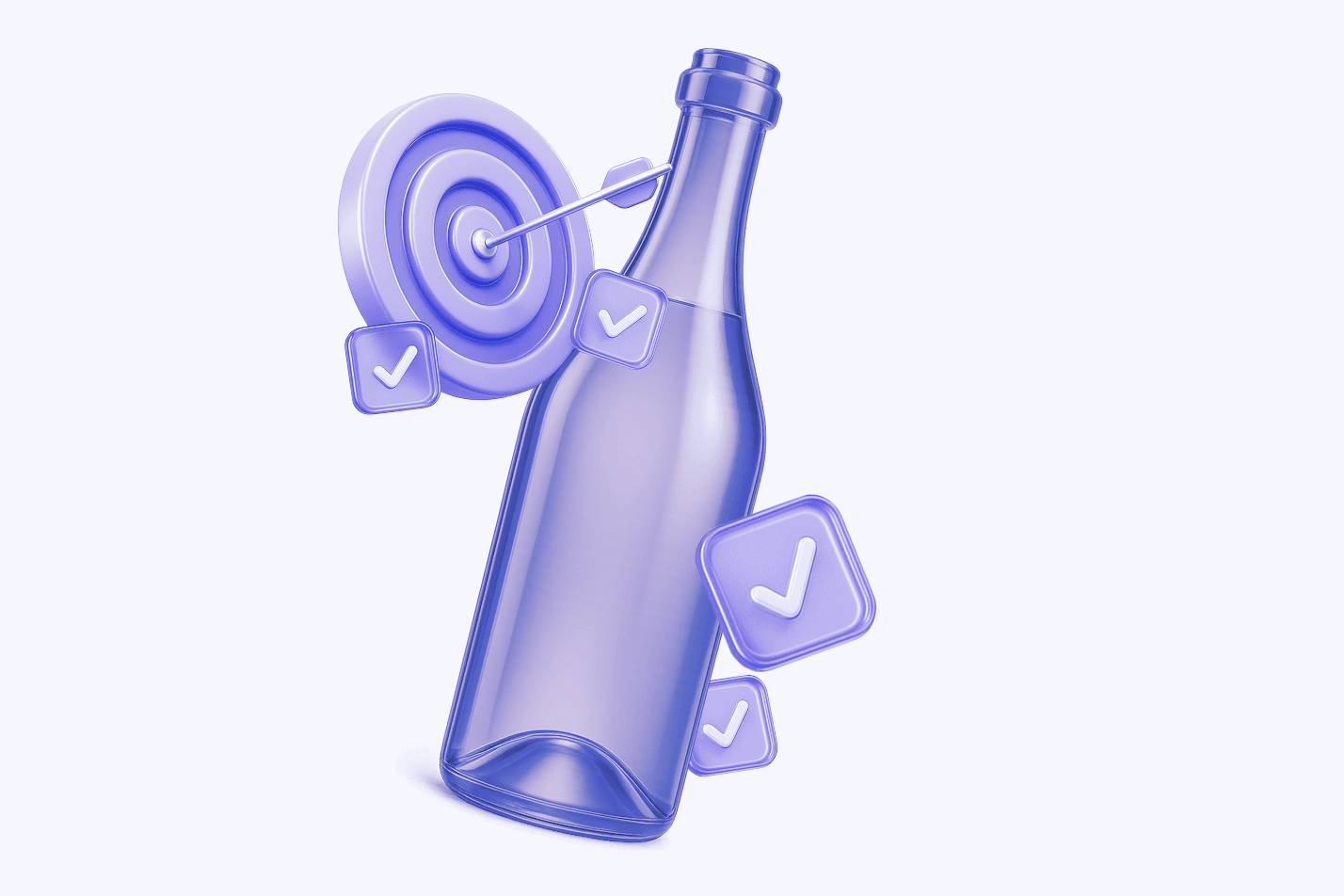 Purple glass bottle with a target and checkmark badges on a pale background