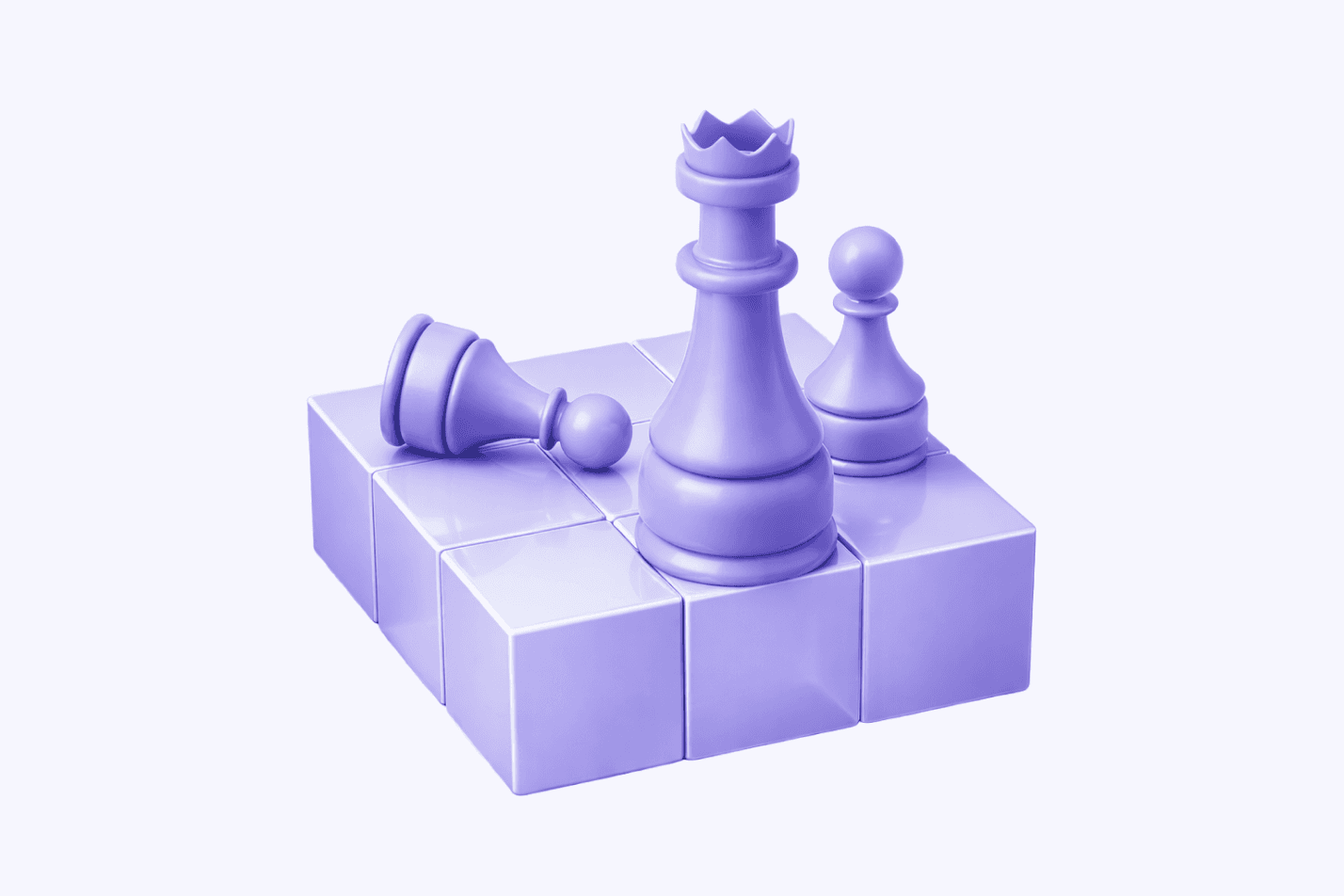Lavender chess pieces, a queen standing and a king toppled, on a block base
