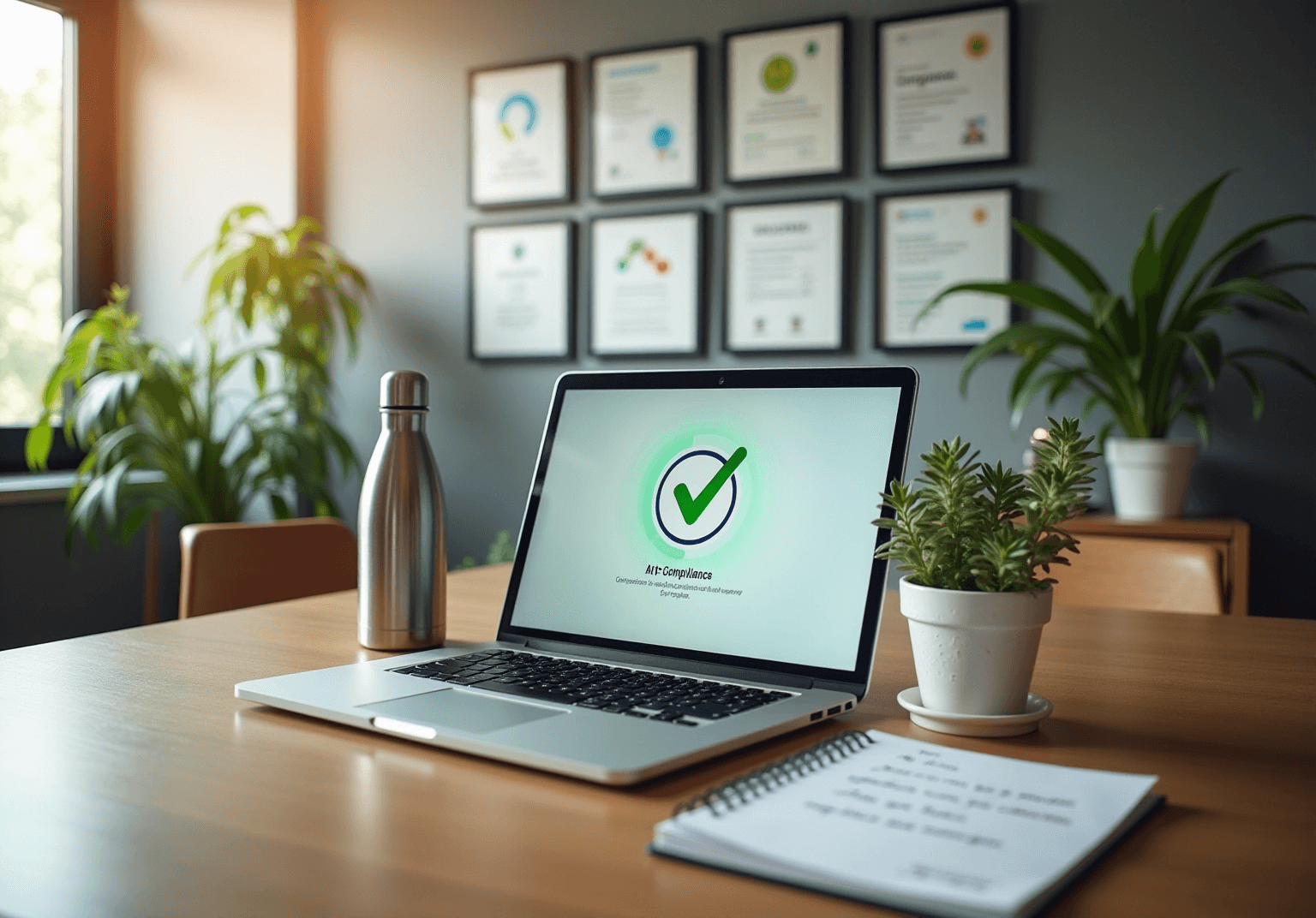 Laptop showing a green checkmark badge on a desk, with framed certificates on the wall behind