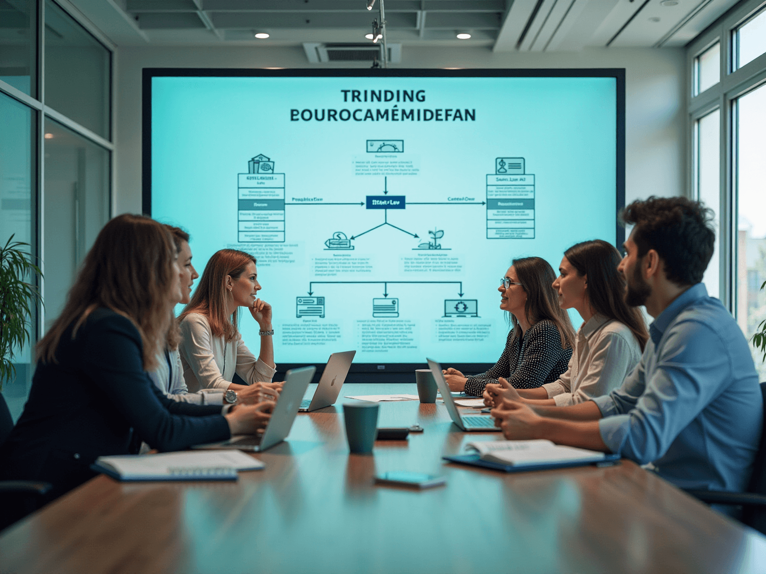 Team in a meeting room watching a teal screen with a compliance flow diagram of icon boxes and arrows