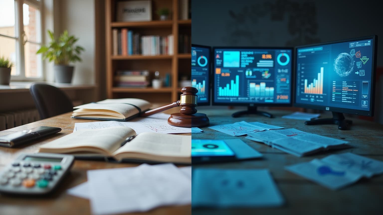 Split image: a gavel and open law book on the left, glowing analytics monitors on the right