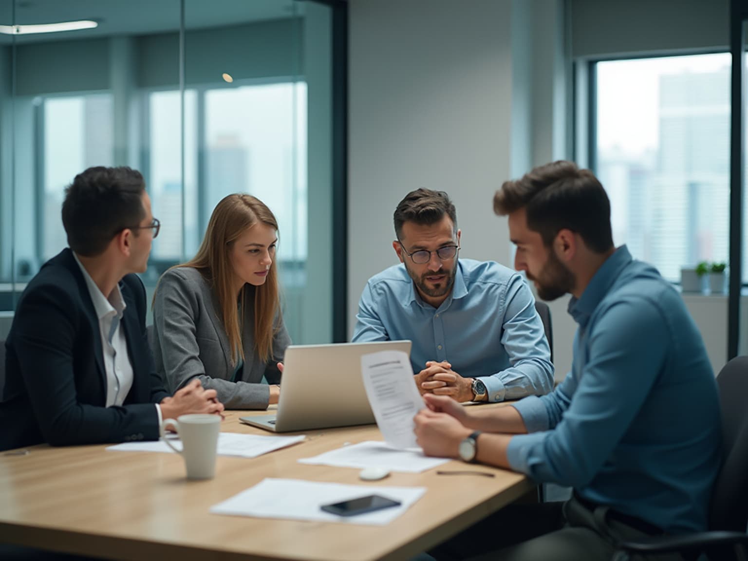 Colleagues at a glass table with papers and a tablet, city towers outside the windows