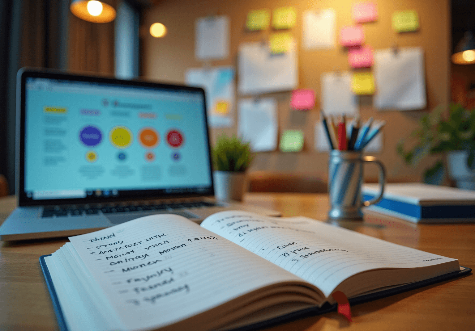 Open notebook with handwritten notes beside a laptop showing colored circles and sticky notes