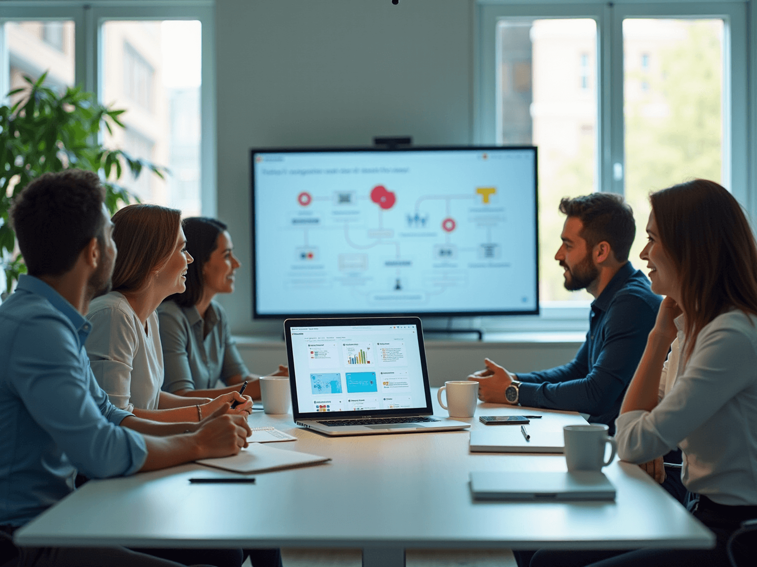 Team in a meeting room watching a wall screen with a flowchart, with laptops and coffee on the table