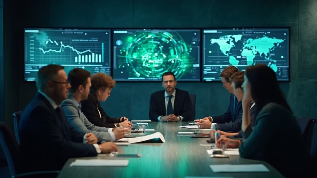 Executive before three wall screens of charts and a world map, with a team at the table