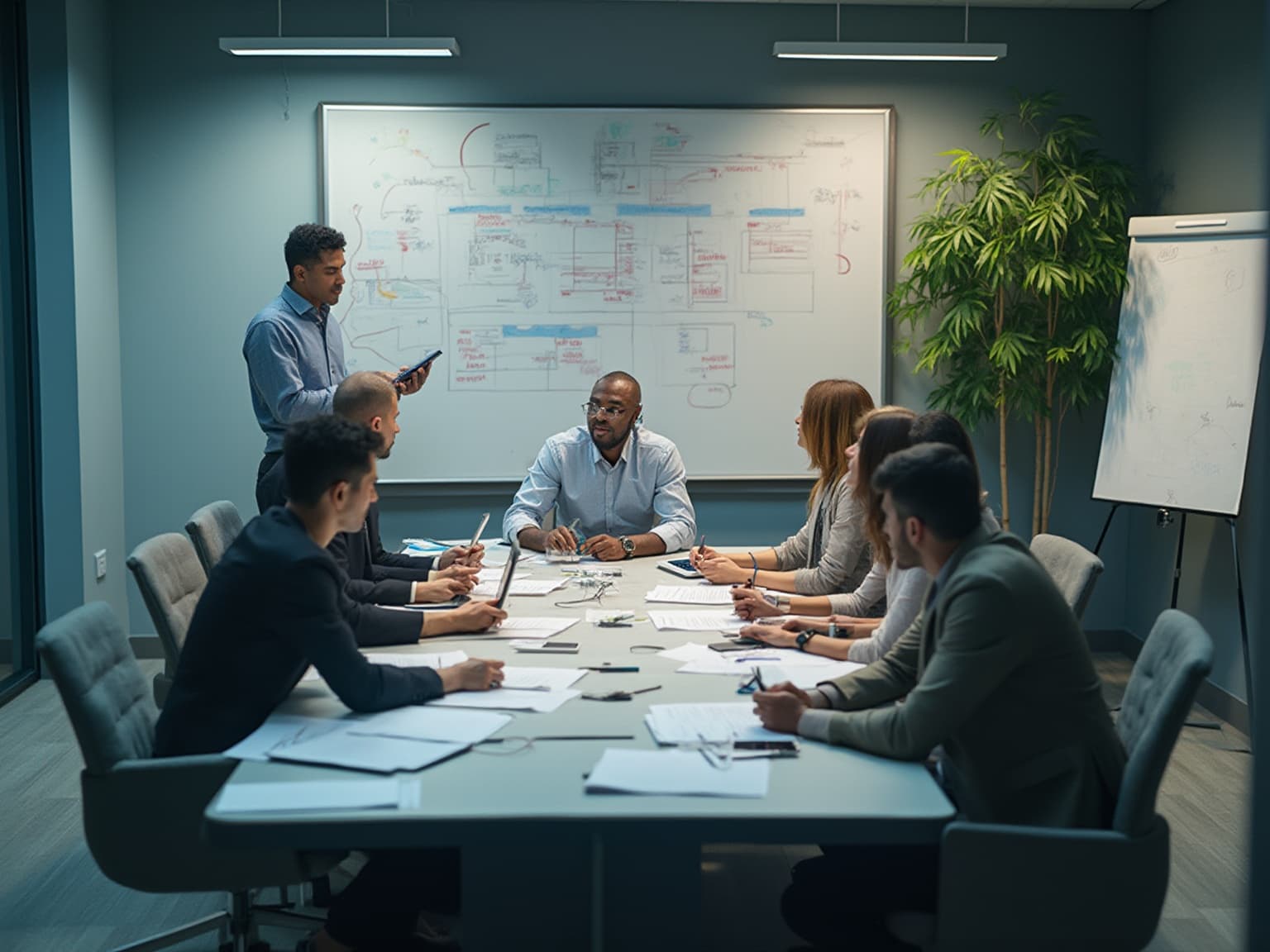 Team around a table with papers and laptops, a presenter at a whiteboard covered in diagrams
