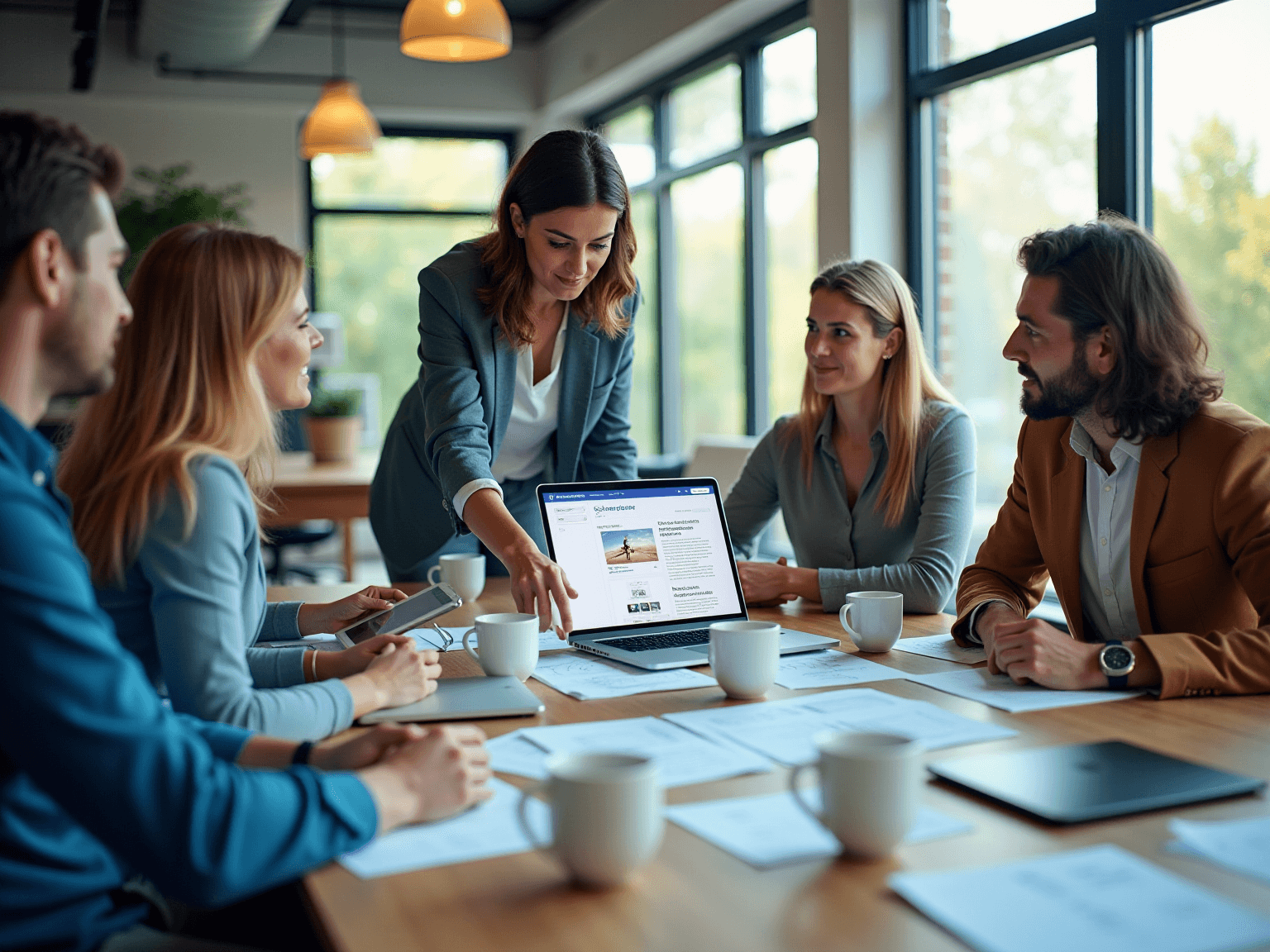 Woman at a laptop pointing out an ad preview to colleagues around a table with coffee cups