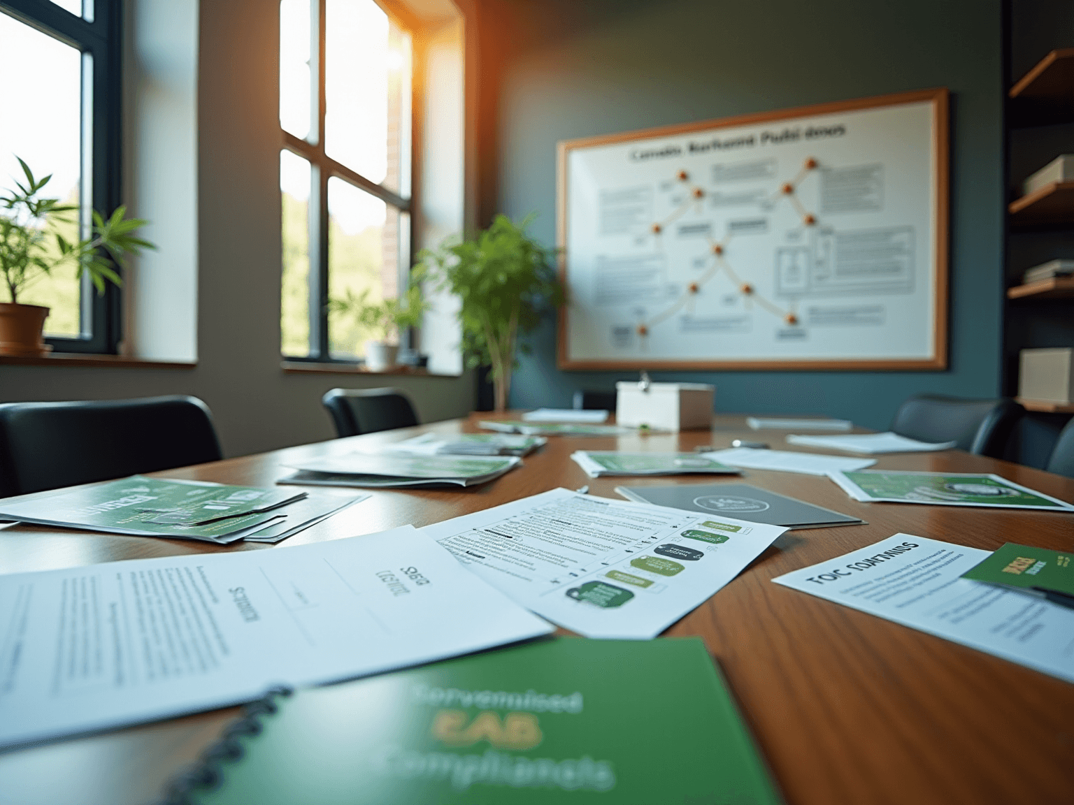 Green compliance booklets and printed sheets on a conference table, with a diagram board behind