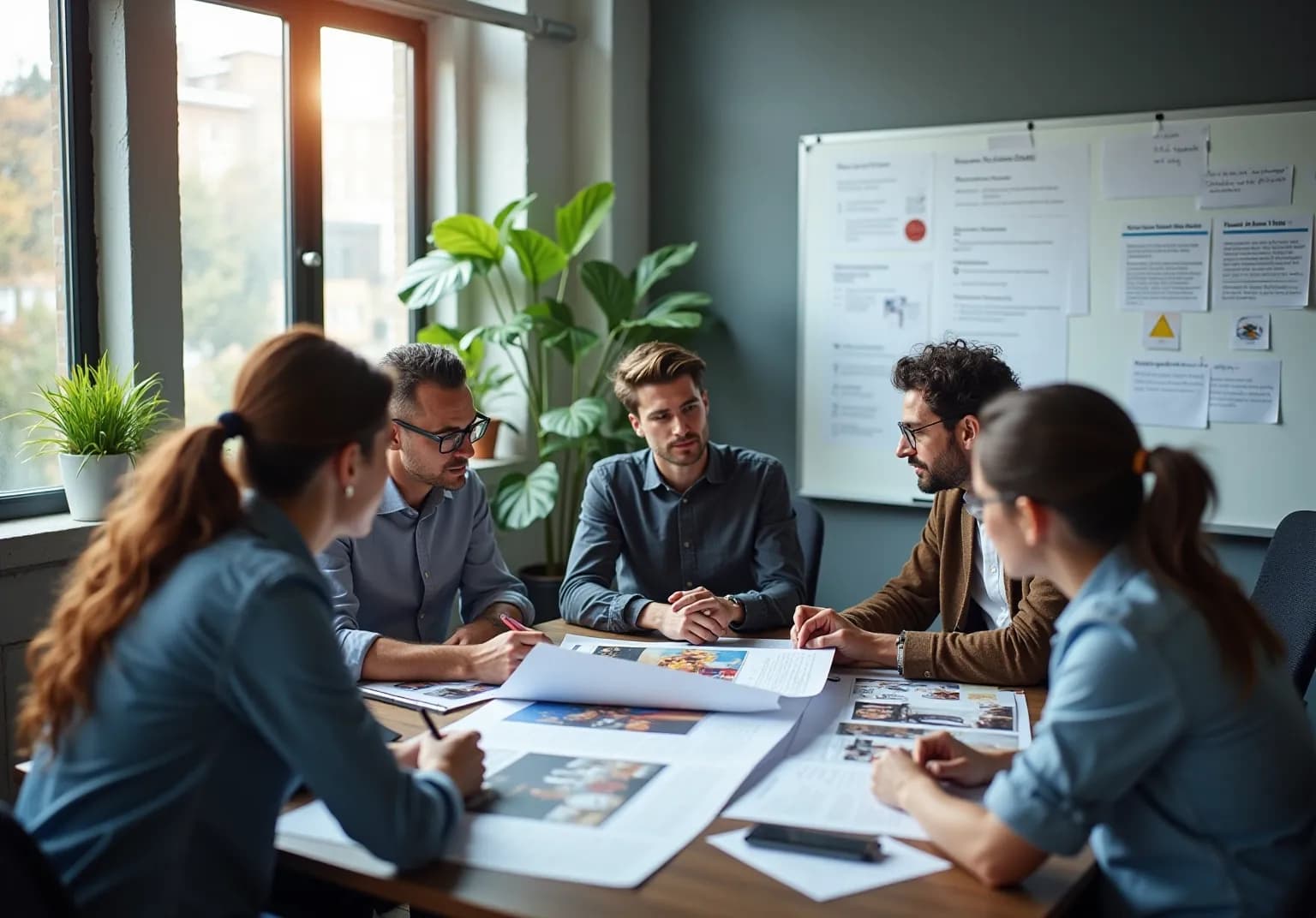 Team at a table reviewing printed ad layouts beside a whiteboard of notes