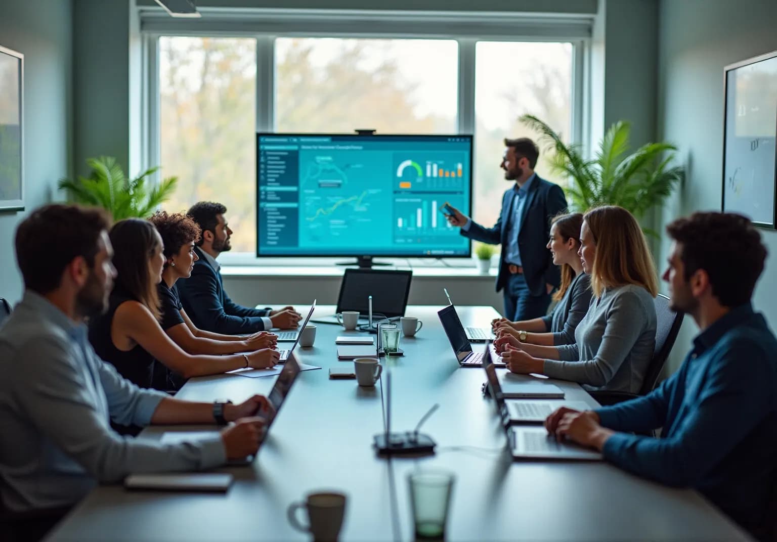 Colleagues in a meeting room watching a presenter beside a wall screen of dashboards