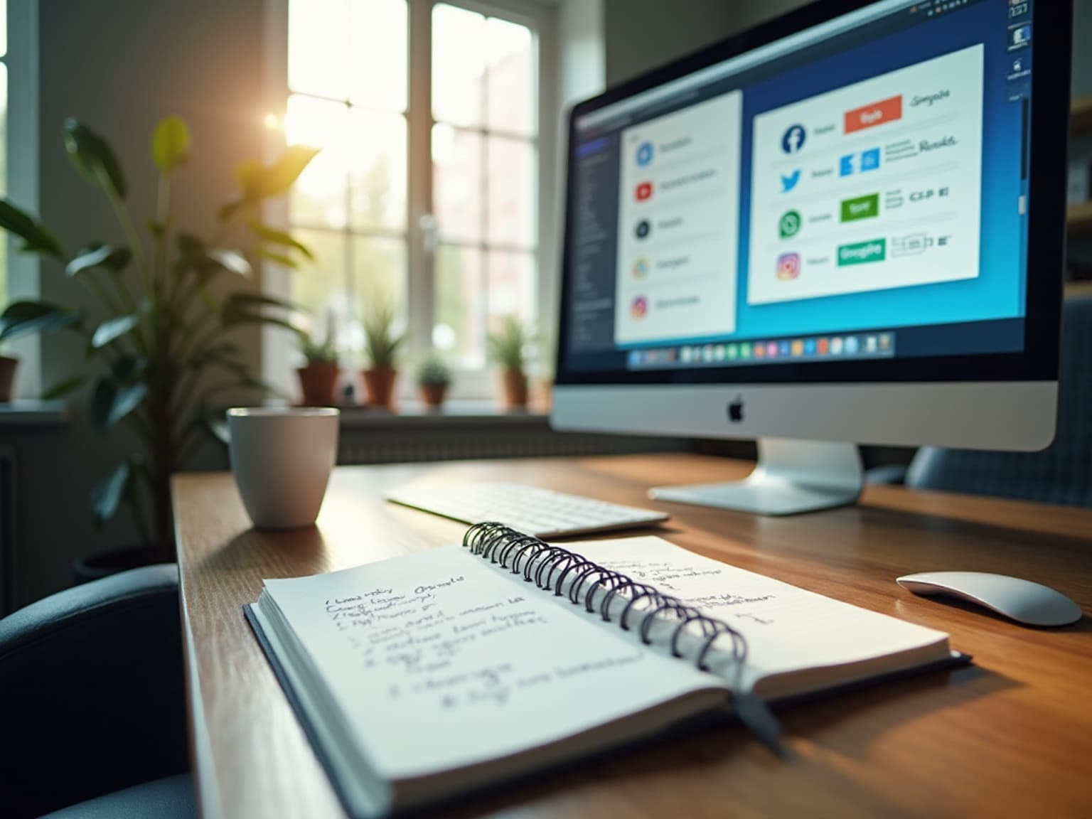 iMac on a desk showing a list of social platform logos and ad-rule columns, with a notebook open in front