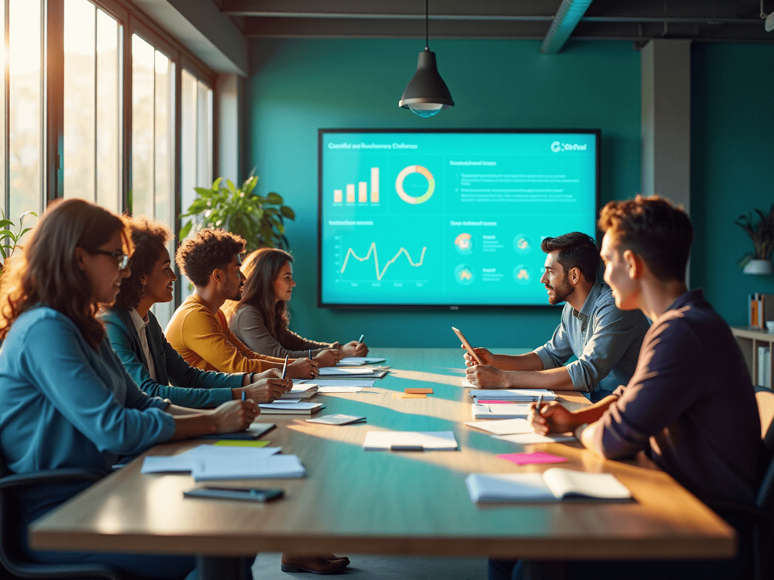 Team around a table with a wall screen of colorful dashboard charts and sticky notes