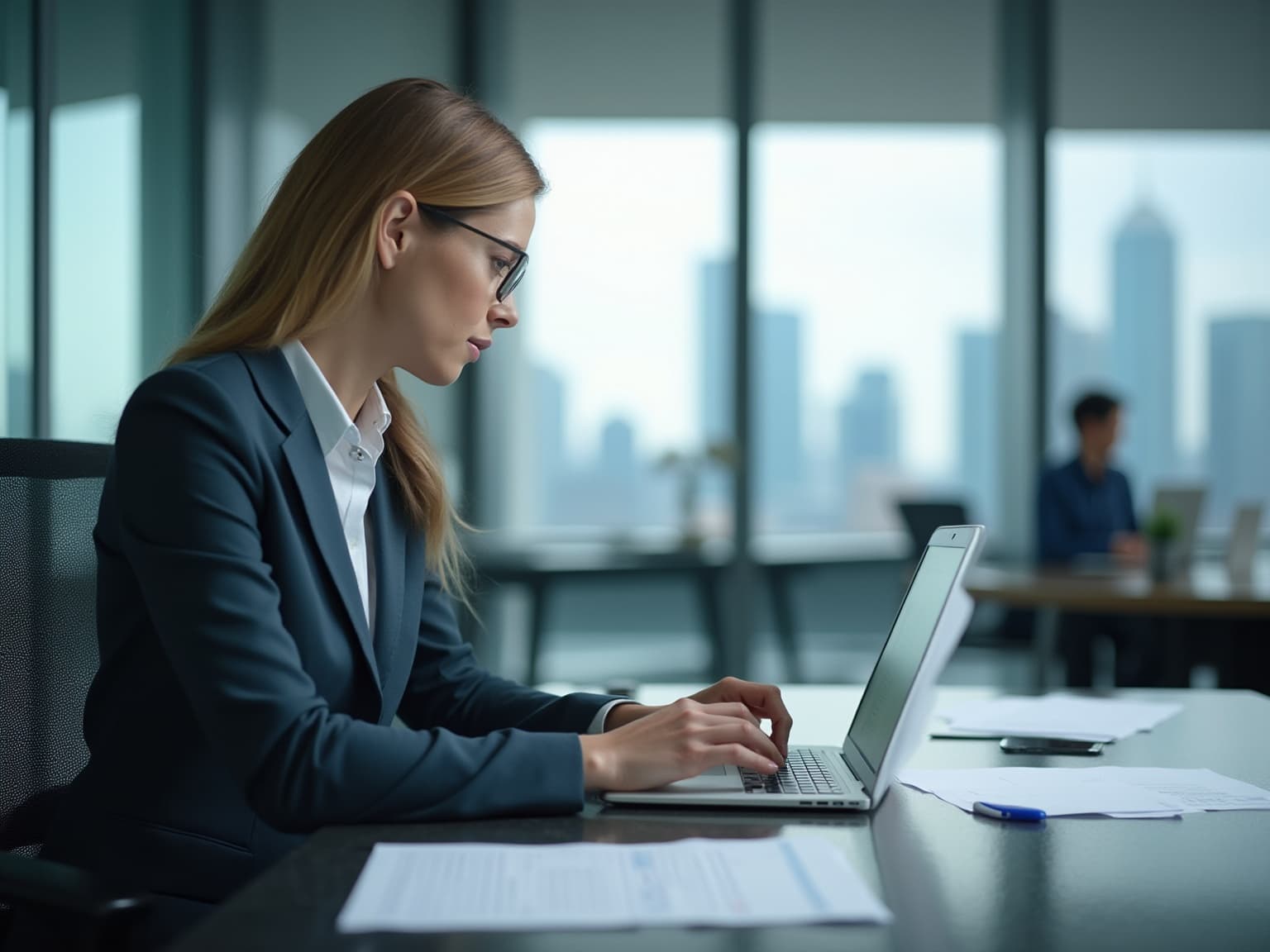 Professional woman typing on a laptop at a glass desk with a city view behind her