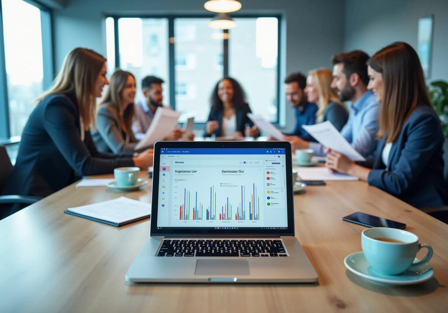 Laptop on a conference table showing a bar chart, with colleagues talking behind it