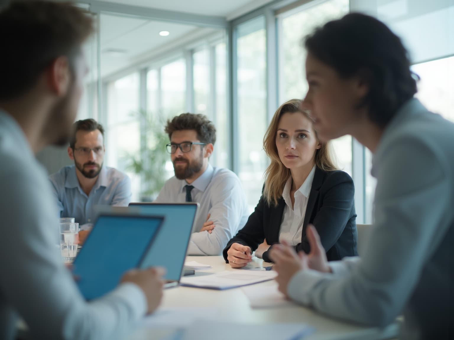 Professionals in a glass-walled meeting room discussing at a table with laptops
