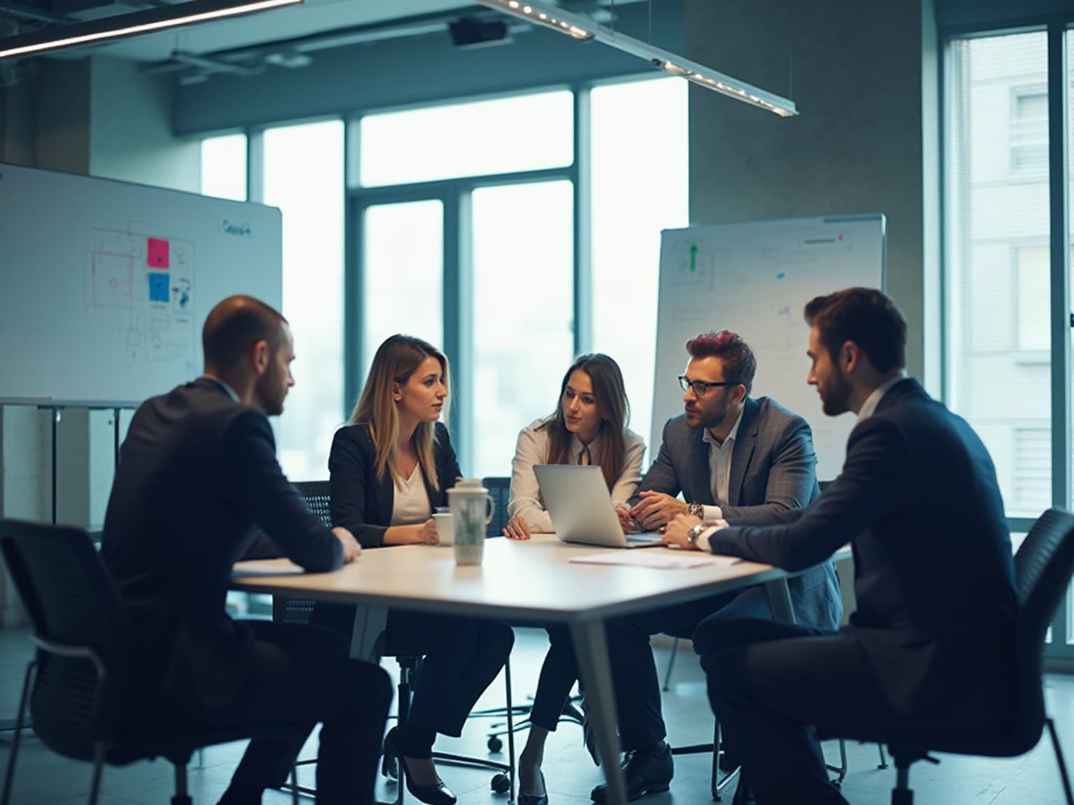 Colleagues discussing around a conference table with sticky notes on a whiteboard