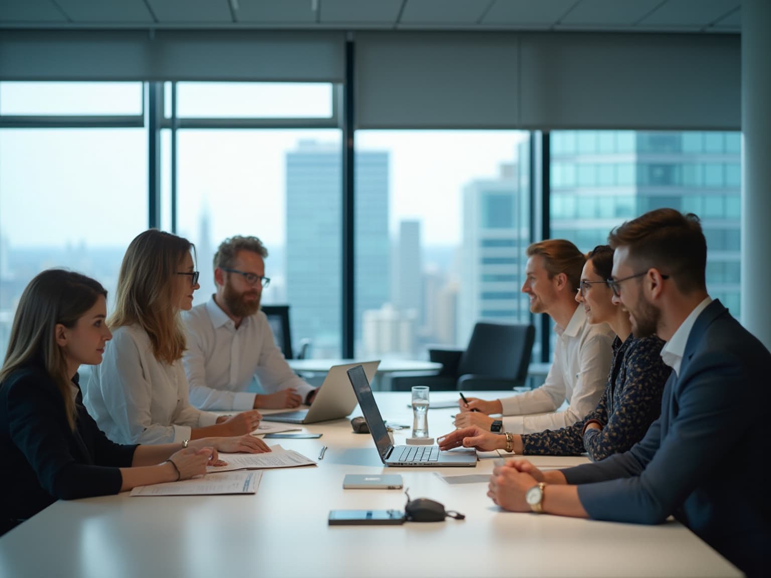 Team in a conference room with laptops and papers, city towers through the windows