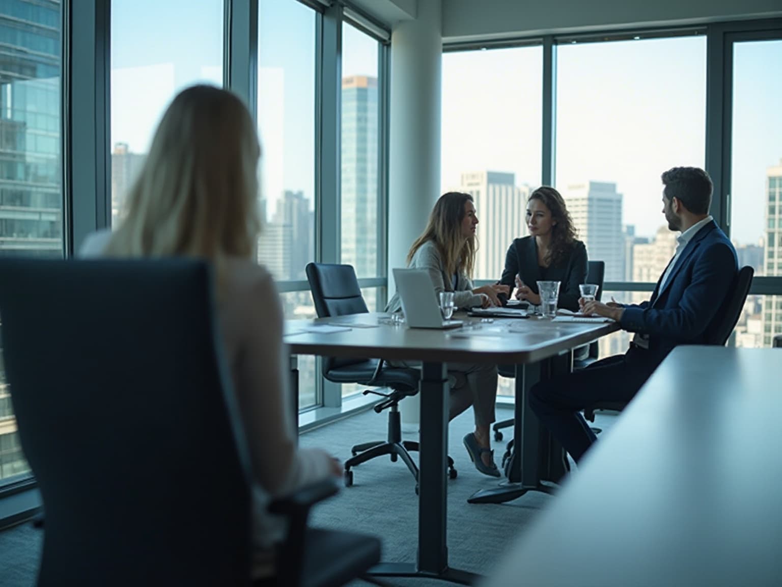Team in an office with a city view, two women and two men in conversation at a table