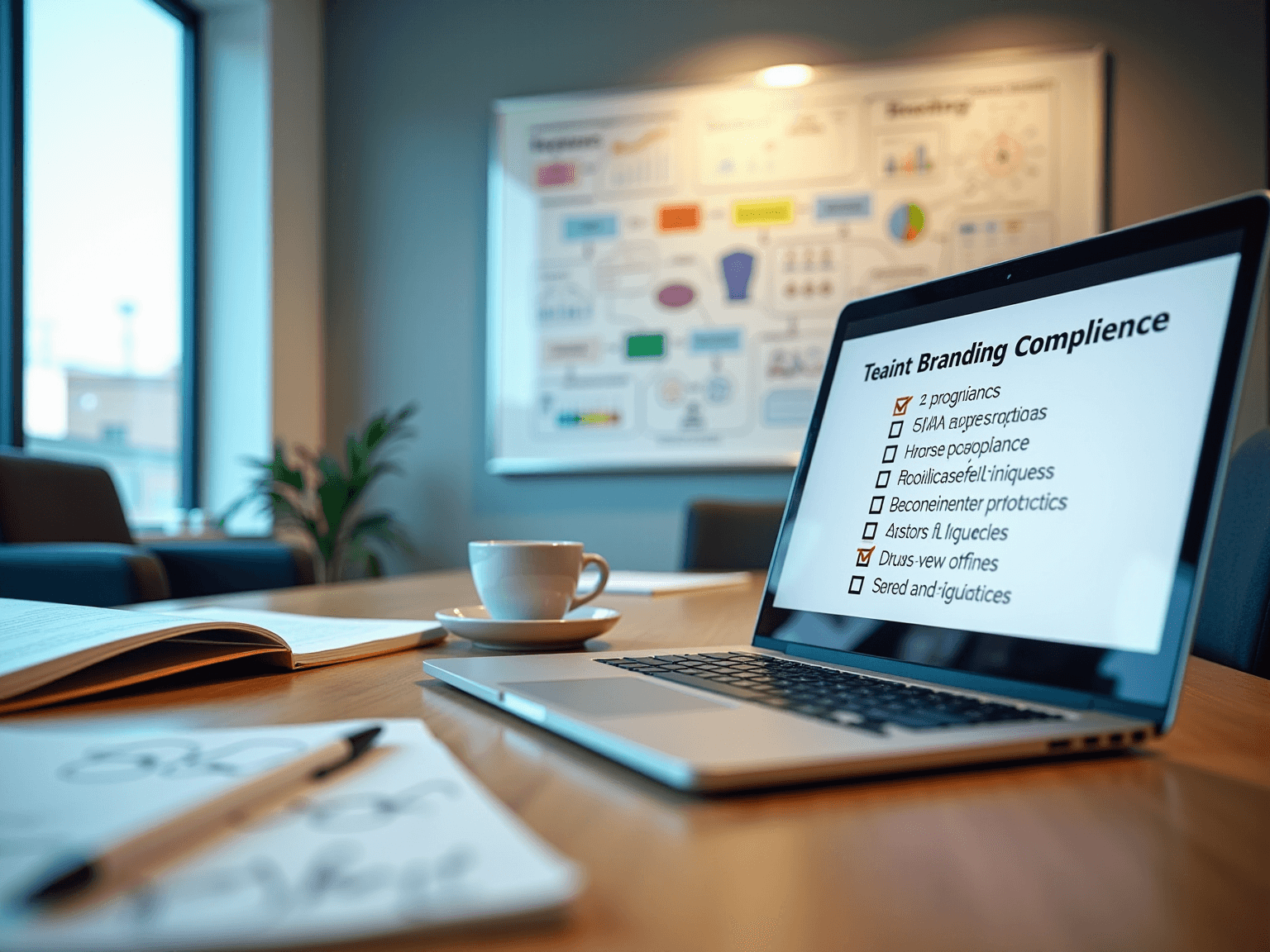 Laptop with a Branding Compliance checklist on screen, with a whiteboard of charts behind it