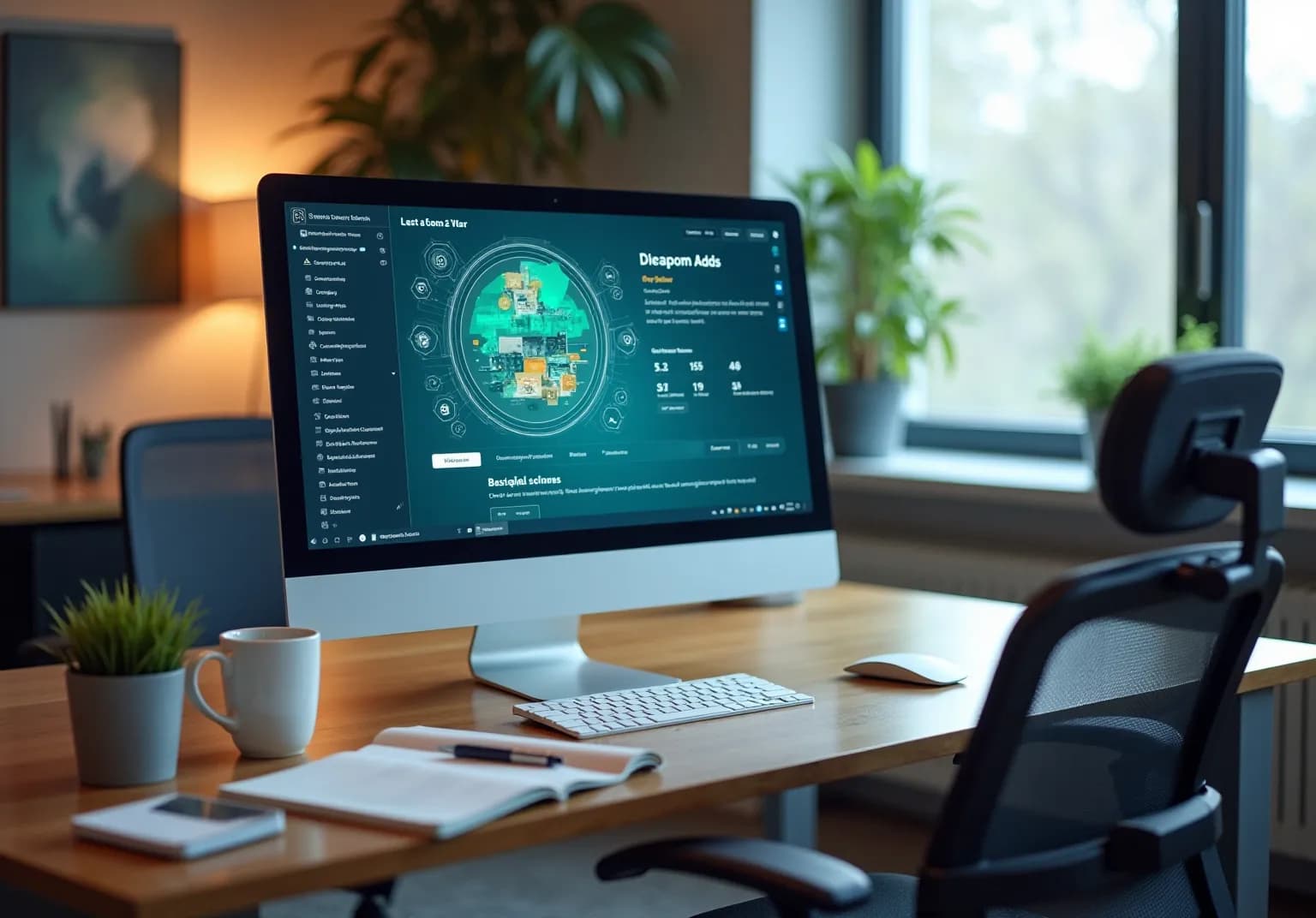 Computer dashboard of ad campaign data beside a plant and a mug