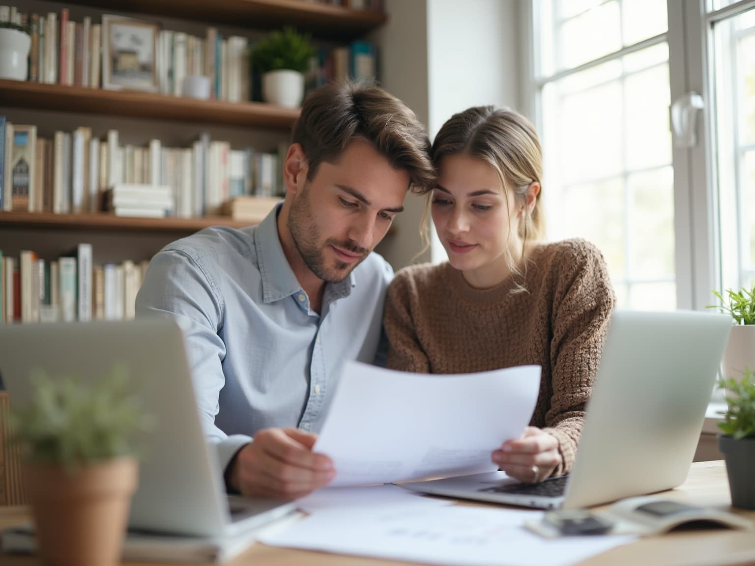 Couple reviewing a document together at a desk with a laptop