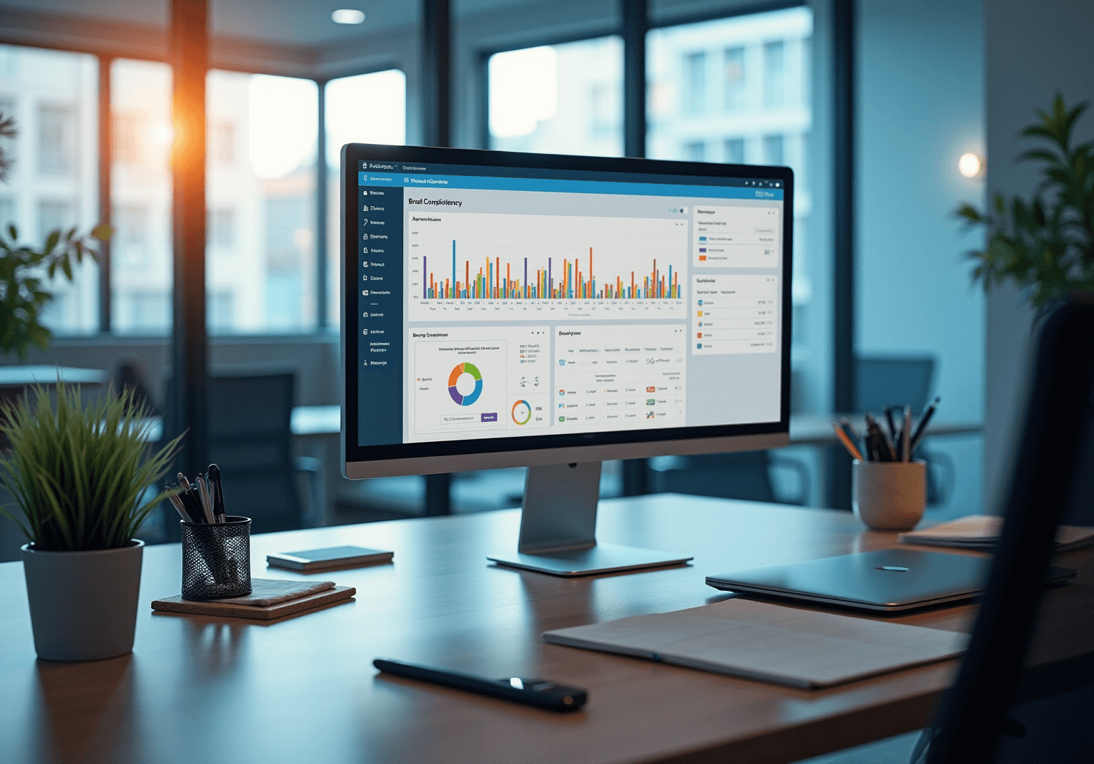 Monitor showing a brand consistency dashboard with bar charts on a tidy desk