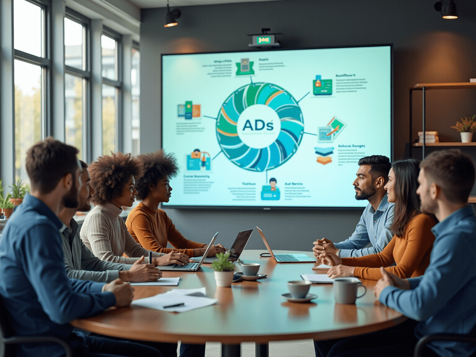 Team around a table watching a wall screen with a circular diagram of ad review steps
